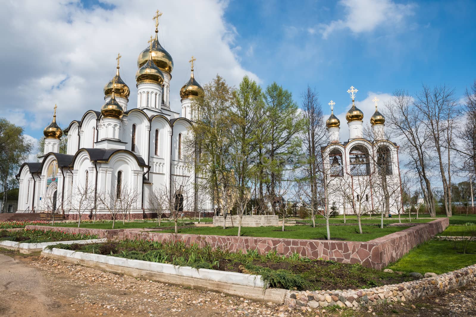 Saint Nicholas (Nikolsky) monastery from spring garden viewpoint. Pereslavl-Zalessky, Russia