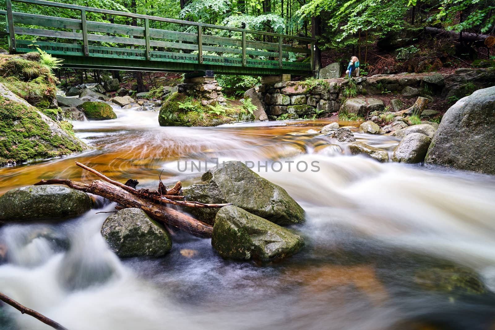 Wooden footbridge over a mountain stream in a forest in the Giant Mountains in Poland