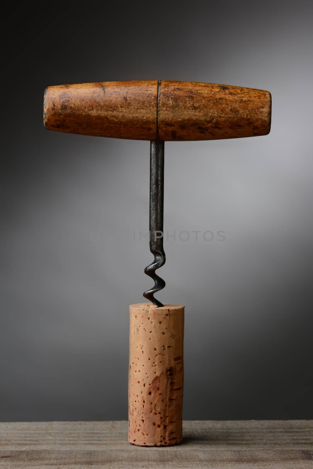 Closeup of an antique corkscrew stuck in a cork over a light to dark gray background.