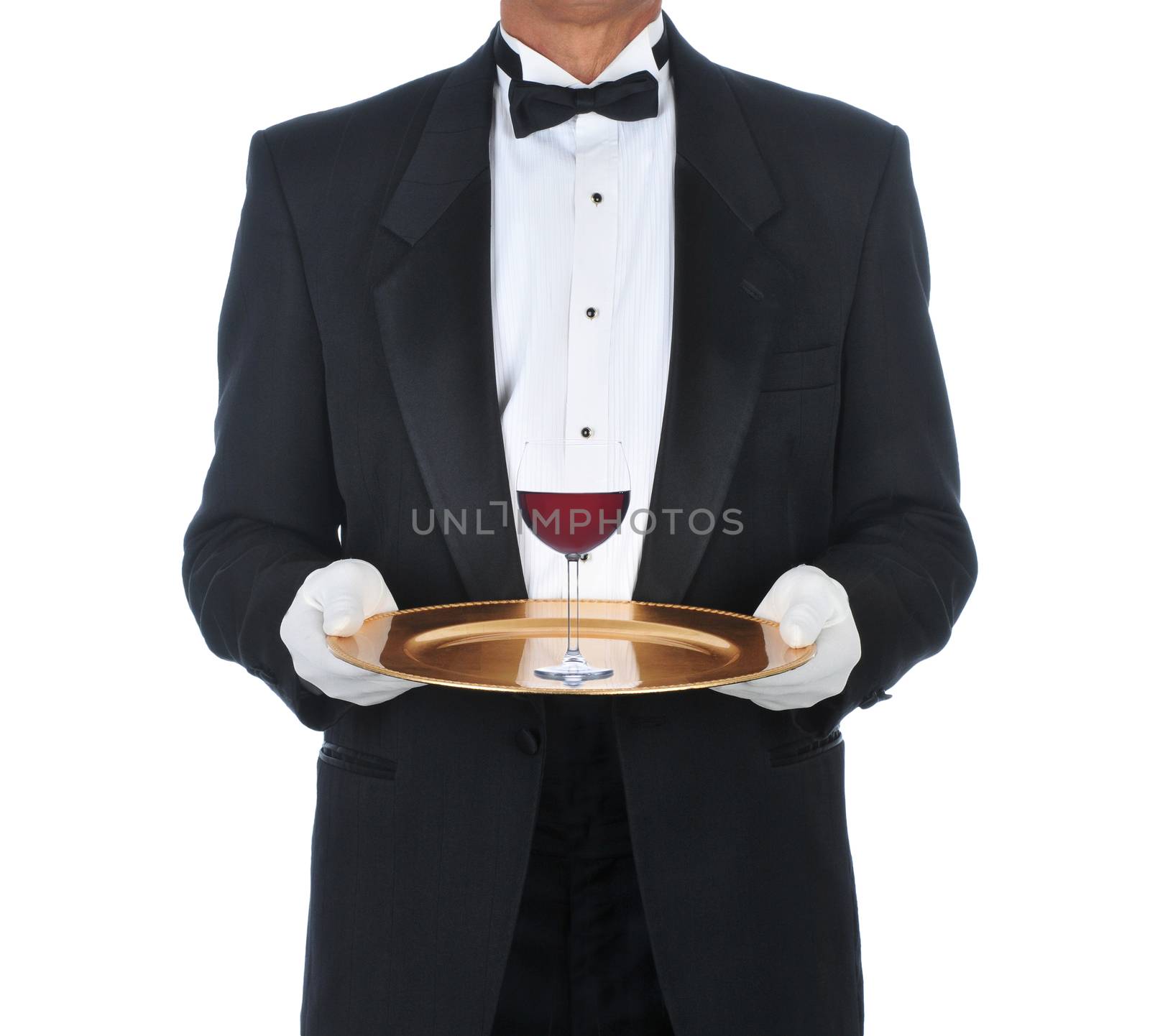 Waiter with Glass of Red Wine on Tray by sCukrov