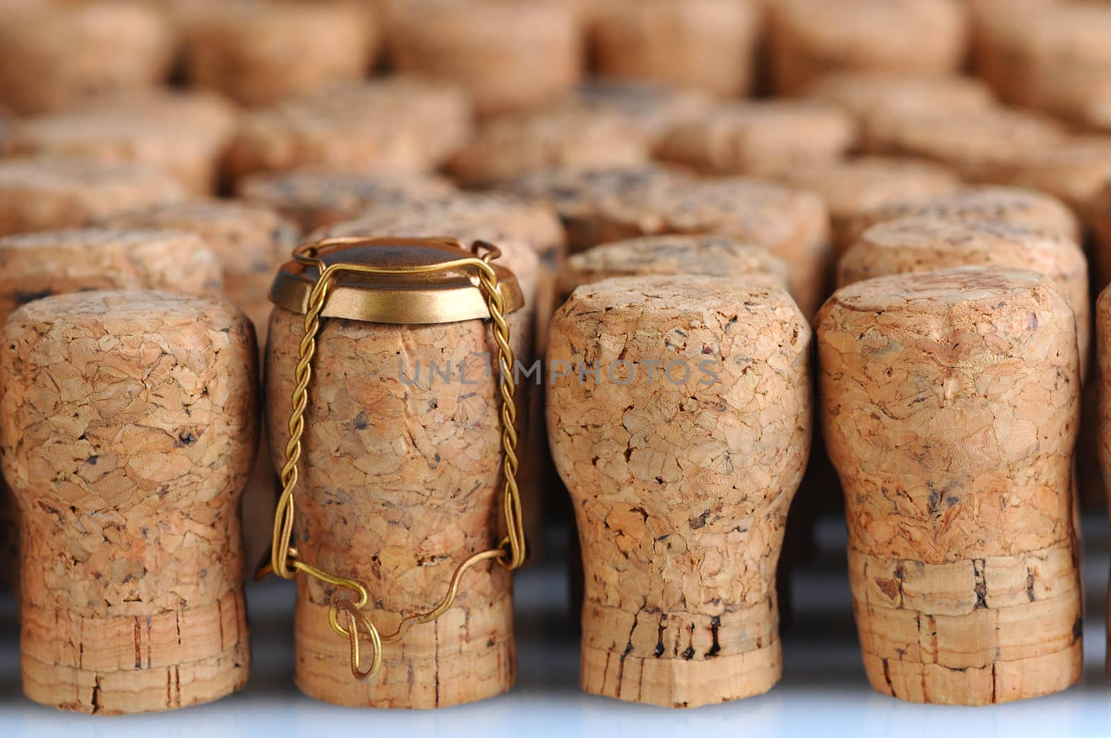 Closeup of a large group of Champagne corks, that fill the frame. Selective focus on the front row. One cork has the metal cage. Horizontal format.