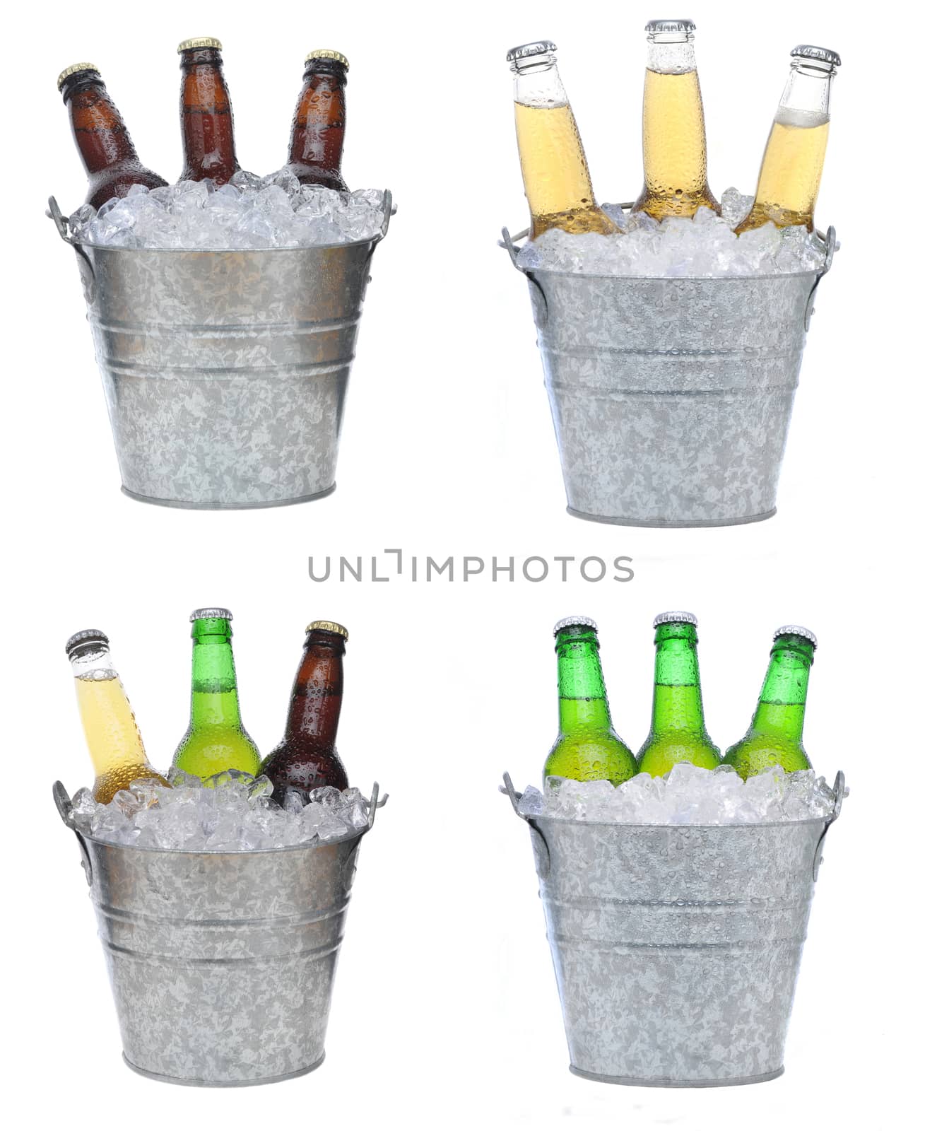 Four buckets holding three each of different beer bottles in ice. The bottles are covered with condensation and isolated on white.
