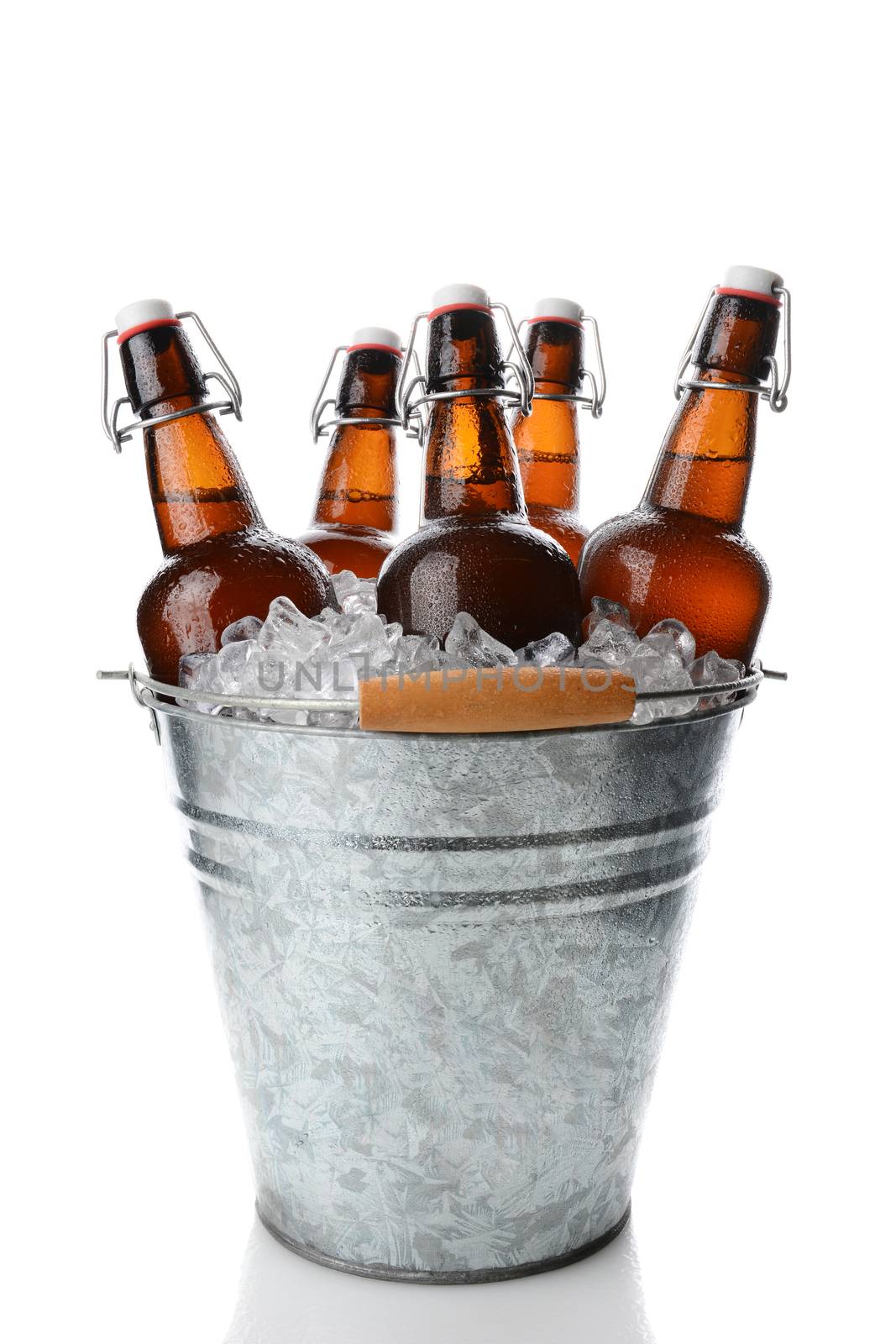 Closeup of a party bucket filled with ice and 5 brown swing top old fashioned beer bottles. Vertical format on white with reflection.
