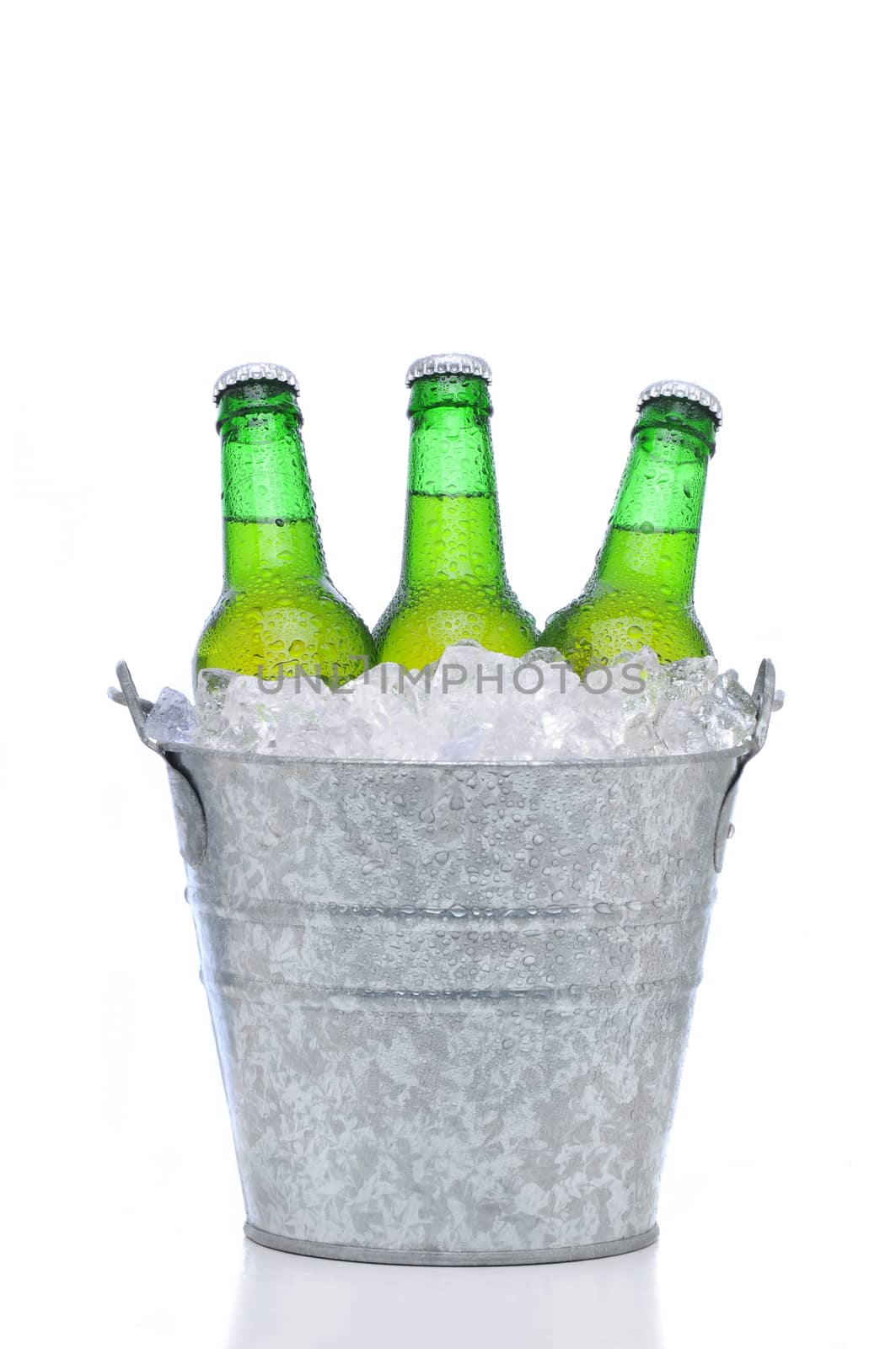 Three green beer bottles in a bucket of ice isolated on a white background. Vertical format with reflection. Bottles and pail have condensation.