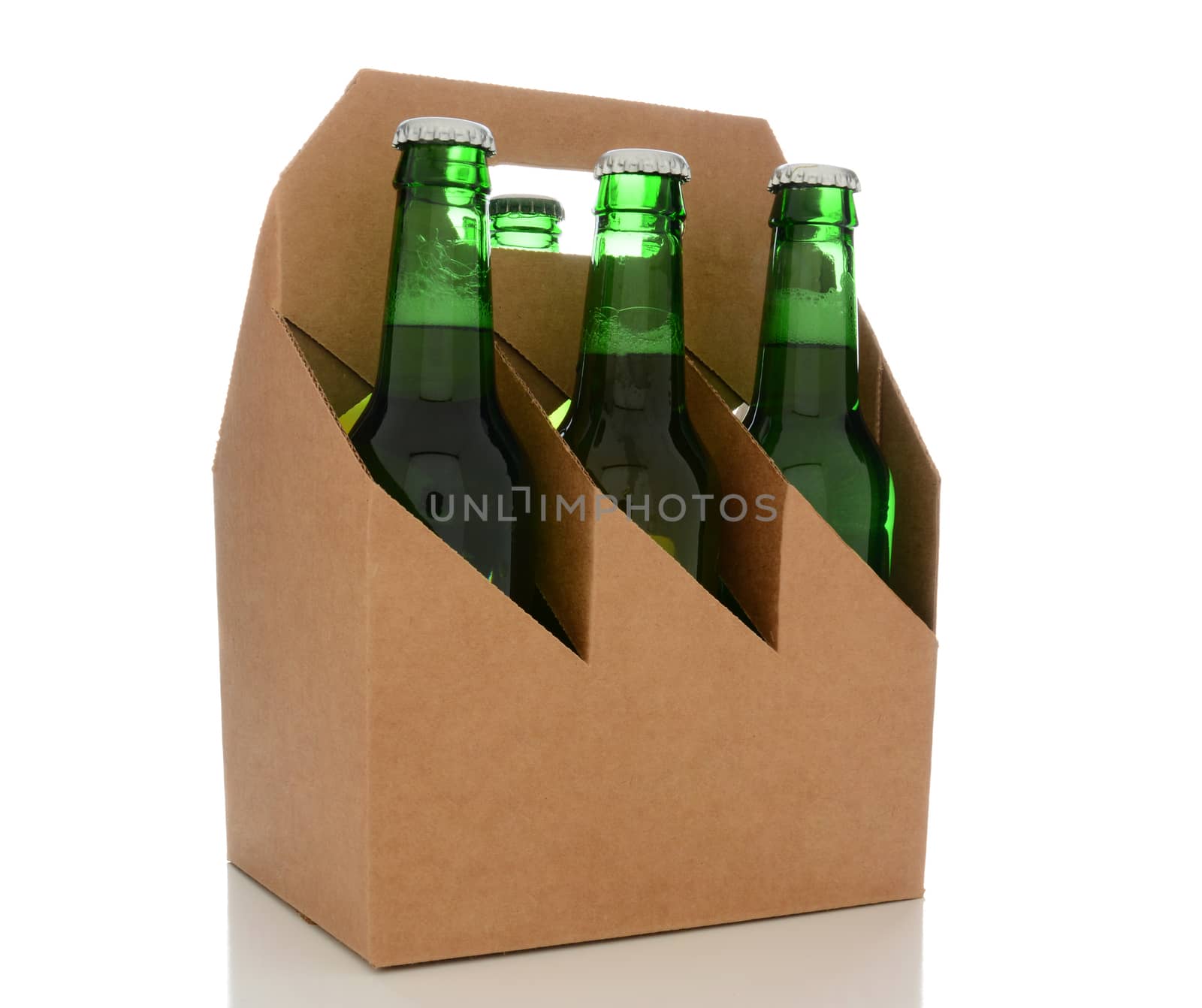 A 6 pack plain brown cardboard beer carrier on white with reflection. The carrier is blank ready for your copy.