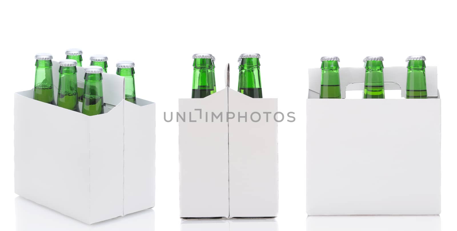 Three views of a Six Pack of green Beer Bottles isolated over white with reflection.