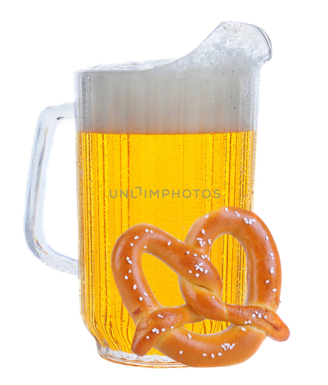 Pitcher of Beer on White with Pretzel by sCukrov