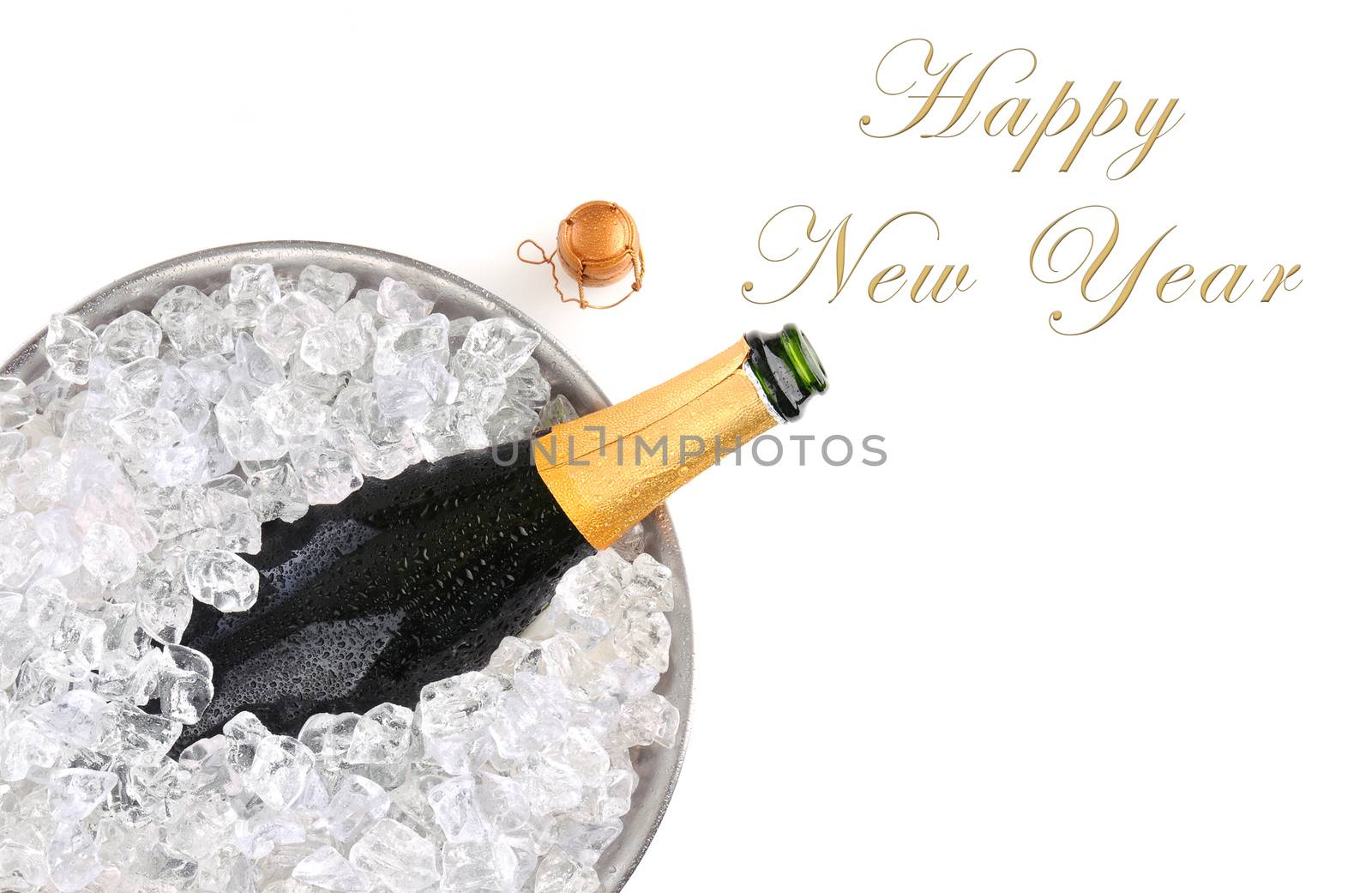 Champagne bottle in metal ice bucket with the words Happy New Ye by sCukrov