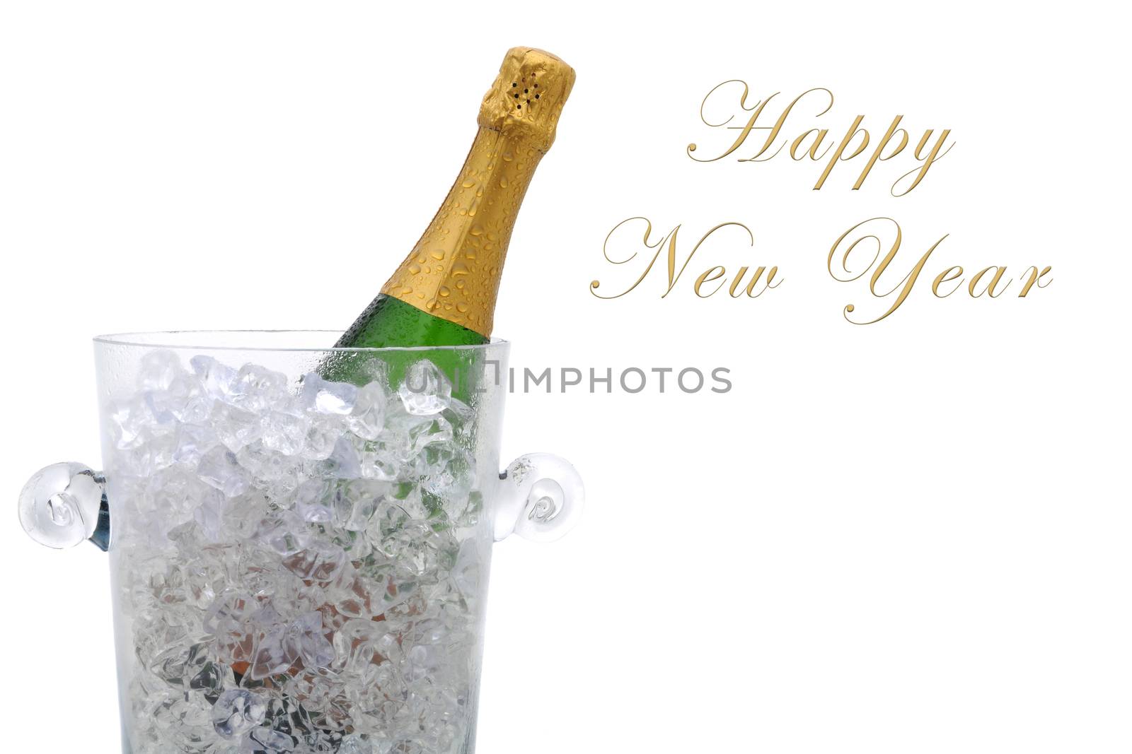 A champagne bottle in a cyrstal ice bucket with the words Happy New Year with room for additional copy.