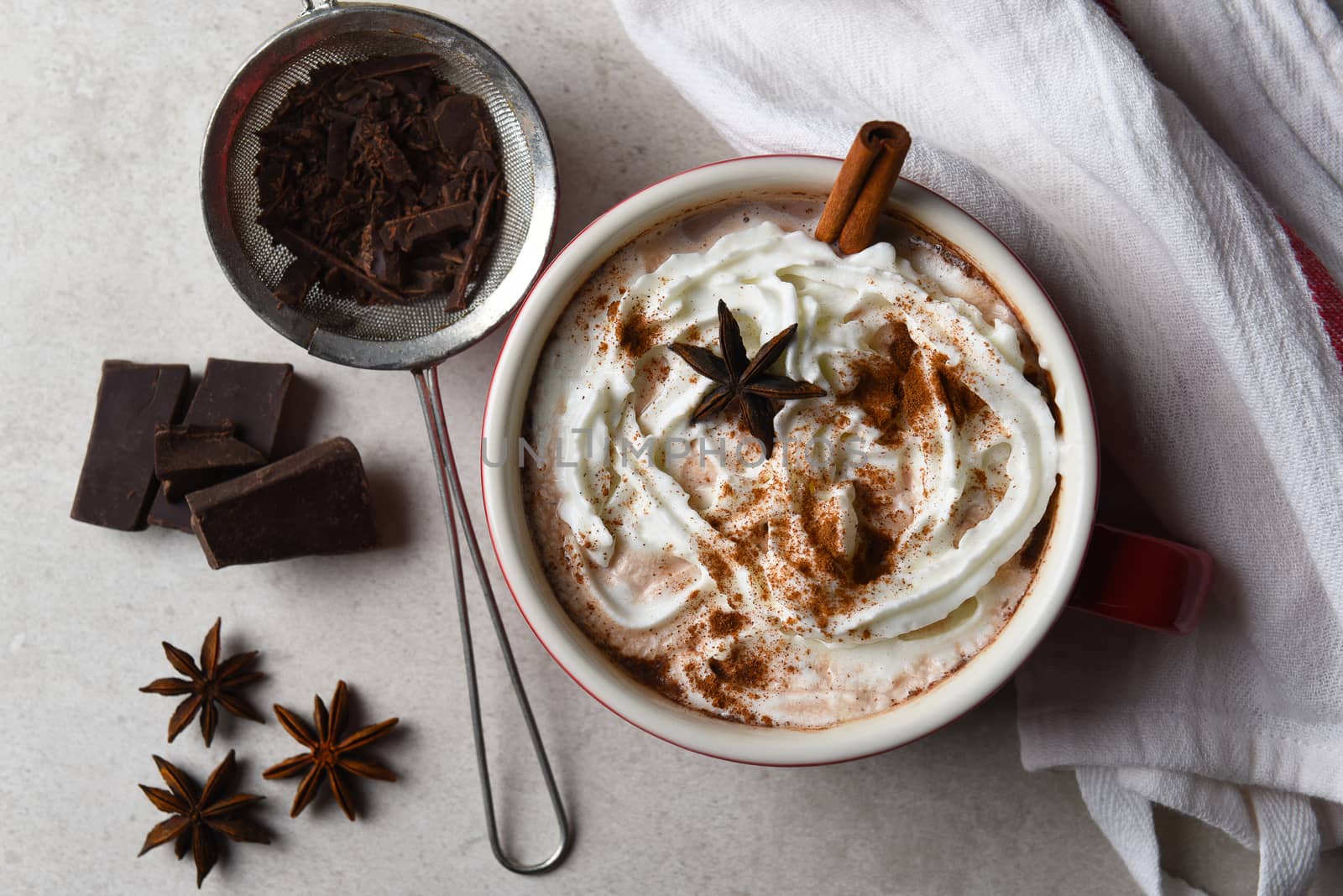 Top view of a large mug of hot cocoa topped with whipped cream and cinnamon and star anise.