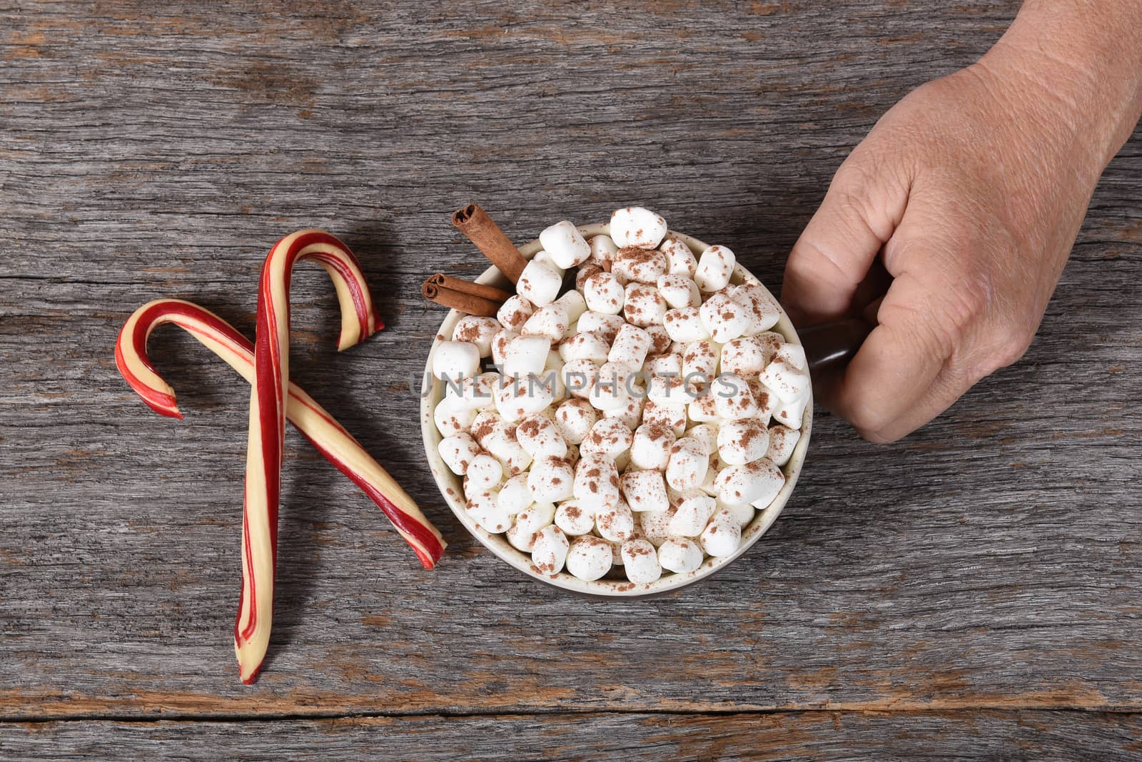 Top view of Santa Claus hand with a large mug of hot cocoa with marshmallows and cinnamon. Two crossed candy canes are next ot the cup.