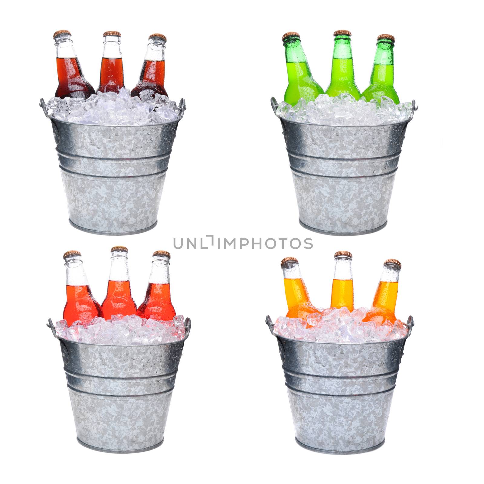 Four ice Buckets Filled with three soda bottles, each pail has a different flavored soft drink, Lemon-Lime, Cola, Orange and Strawberry.