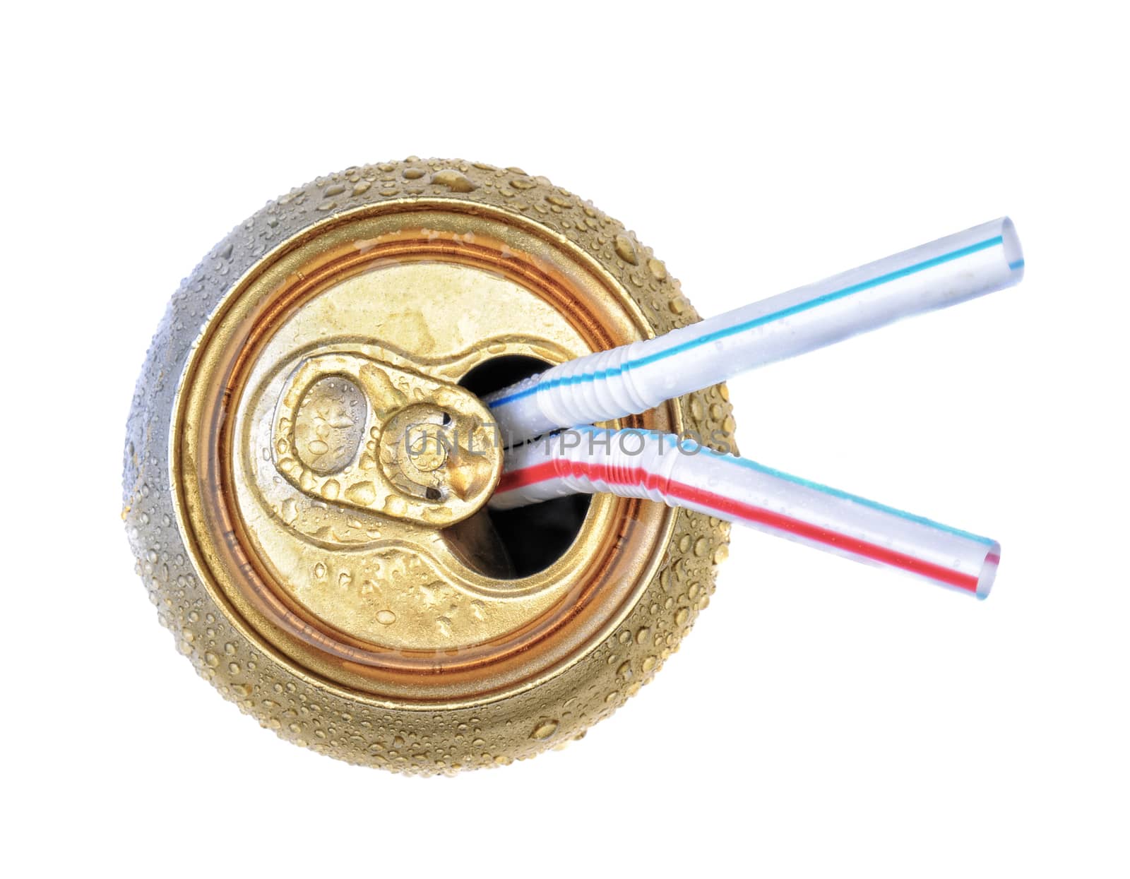 Two Drinking straws in an open soda can. Top view over white.