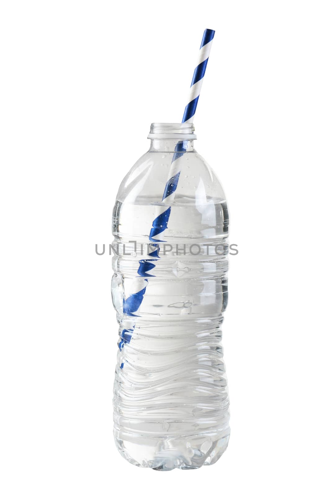 Closeup of a clear plastic water bottle with a blue and white striped paper drinking straw.