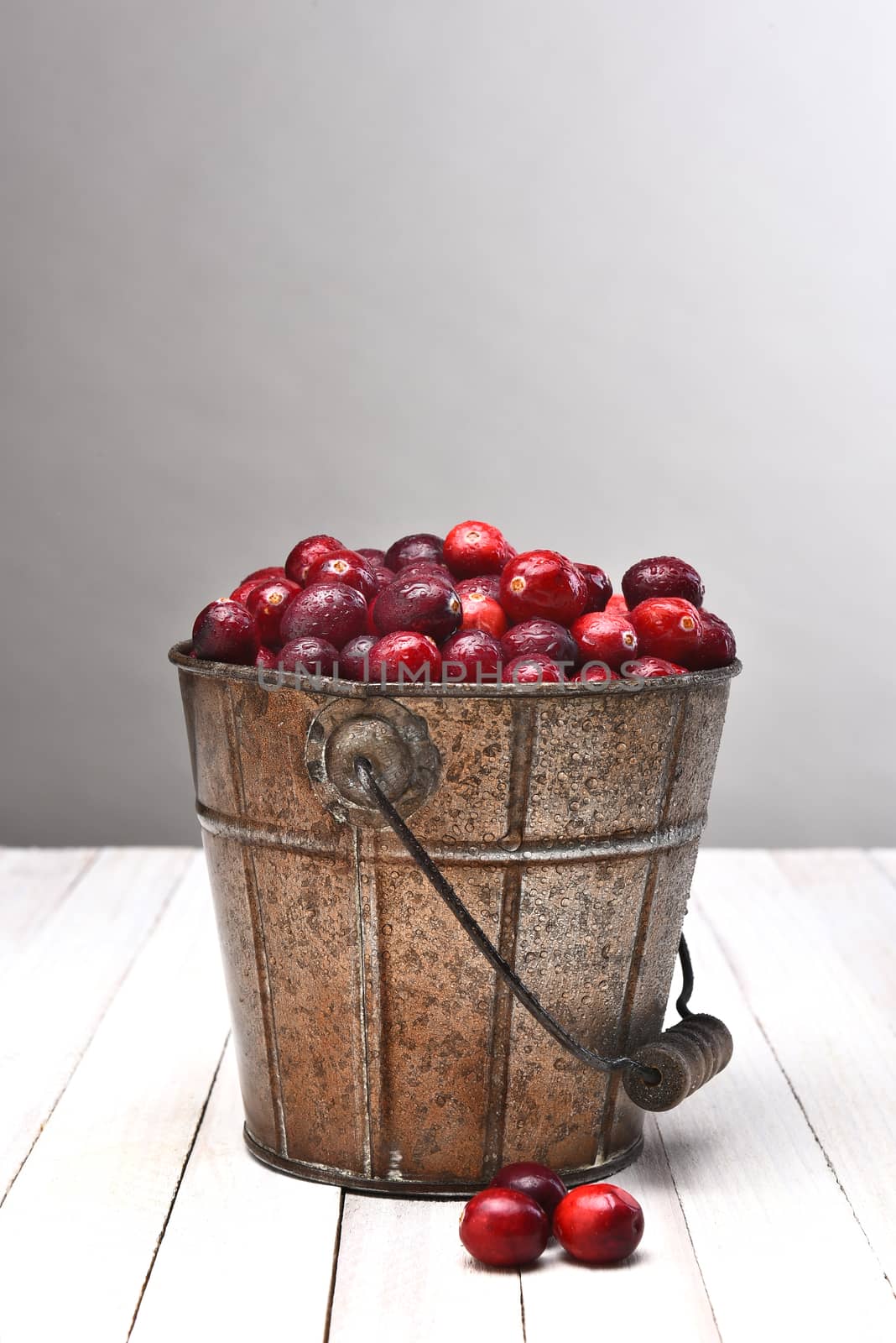 A bucket filled with fresh whole cranberries on a wood table against a light to dark gray background.