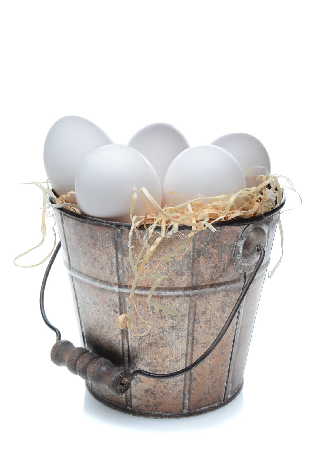 Fresh chicken eggs in an old fashioned tin bucket over a white background with slight reflection. Bucket is filled with straw.