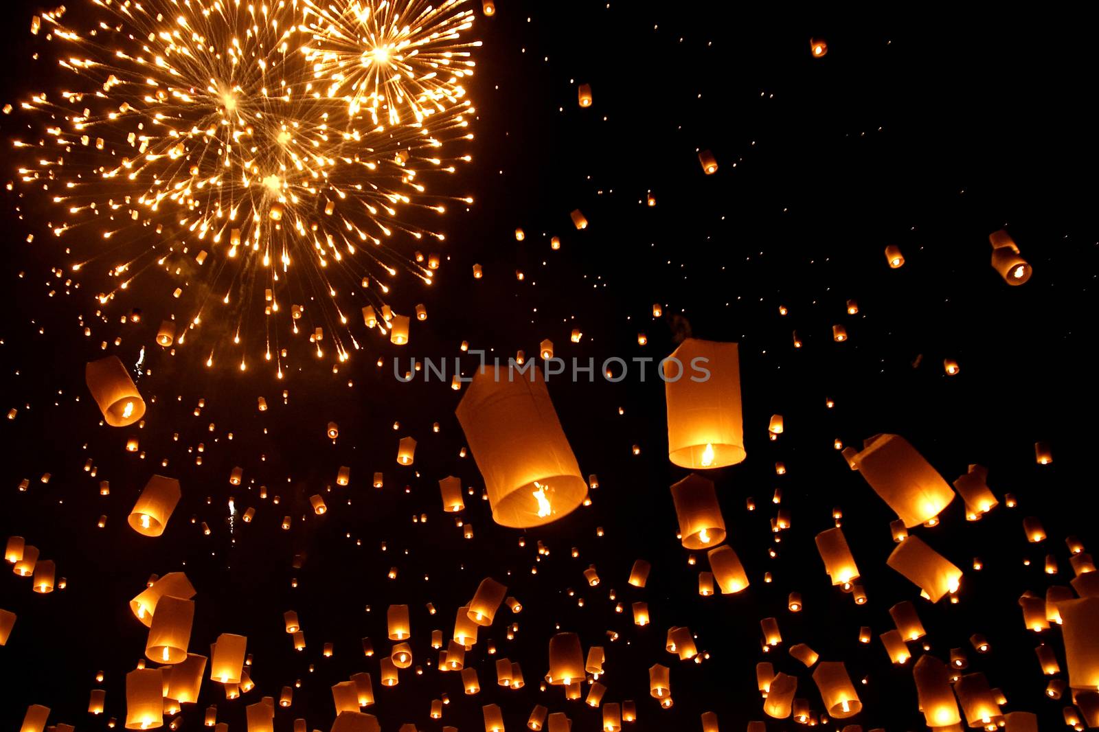 Newyear balloon traditional lantern yeepeng at night  , Chiangmai , Thailand