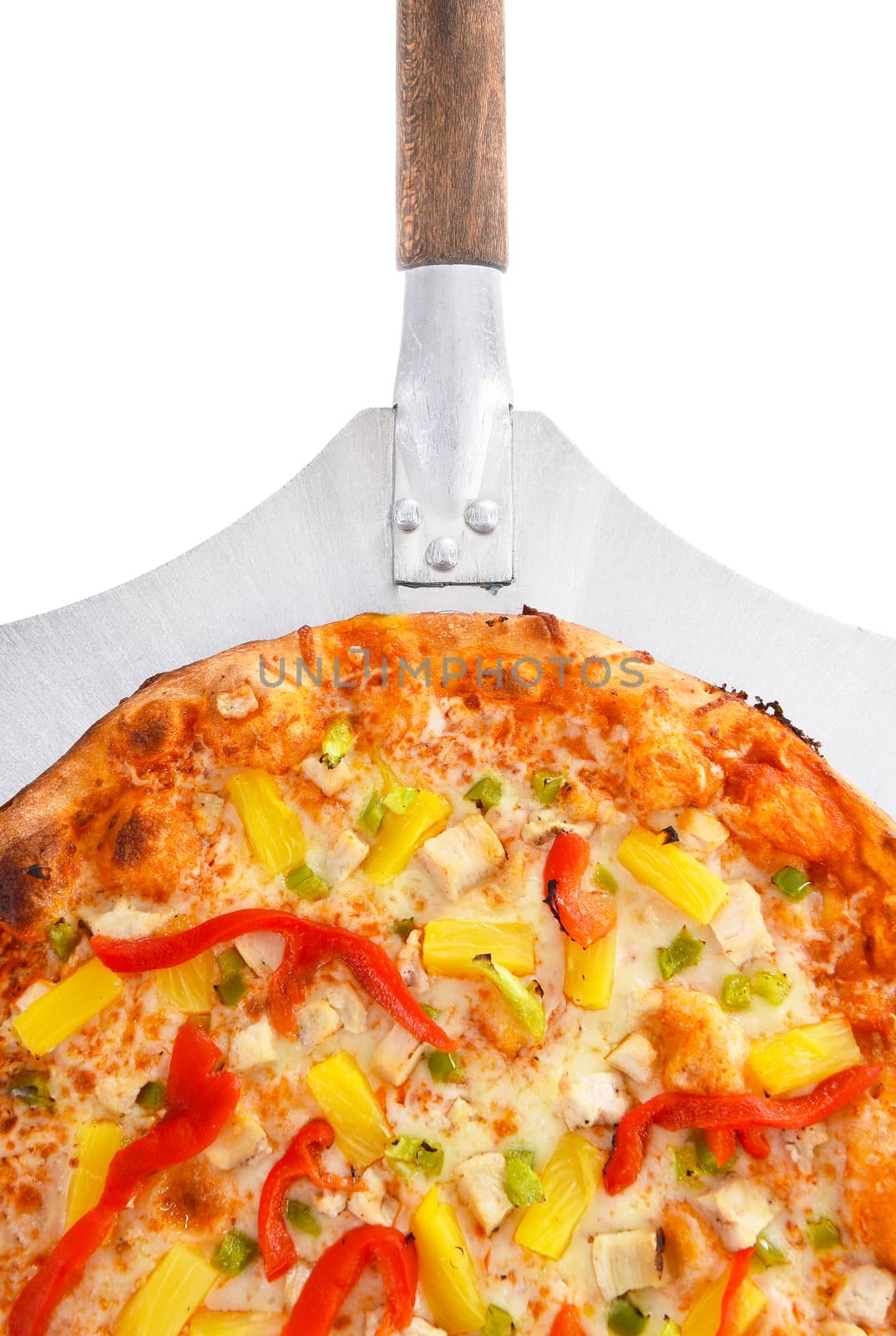 Closeup of a chicken, pineapple, and pepper pizza on a peel, isolated on white.