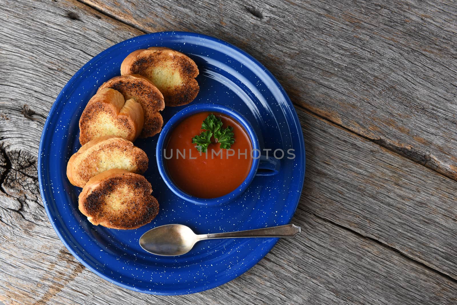 High angle shot of a mug of fresh homemade tomato soup with garlic toast on a rustic wood table with copy space.