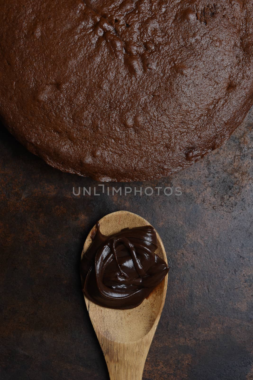Closeup of a unfrosted chocolate cake with a wood spoon and a do by sCukrov