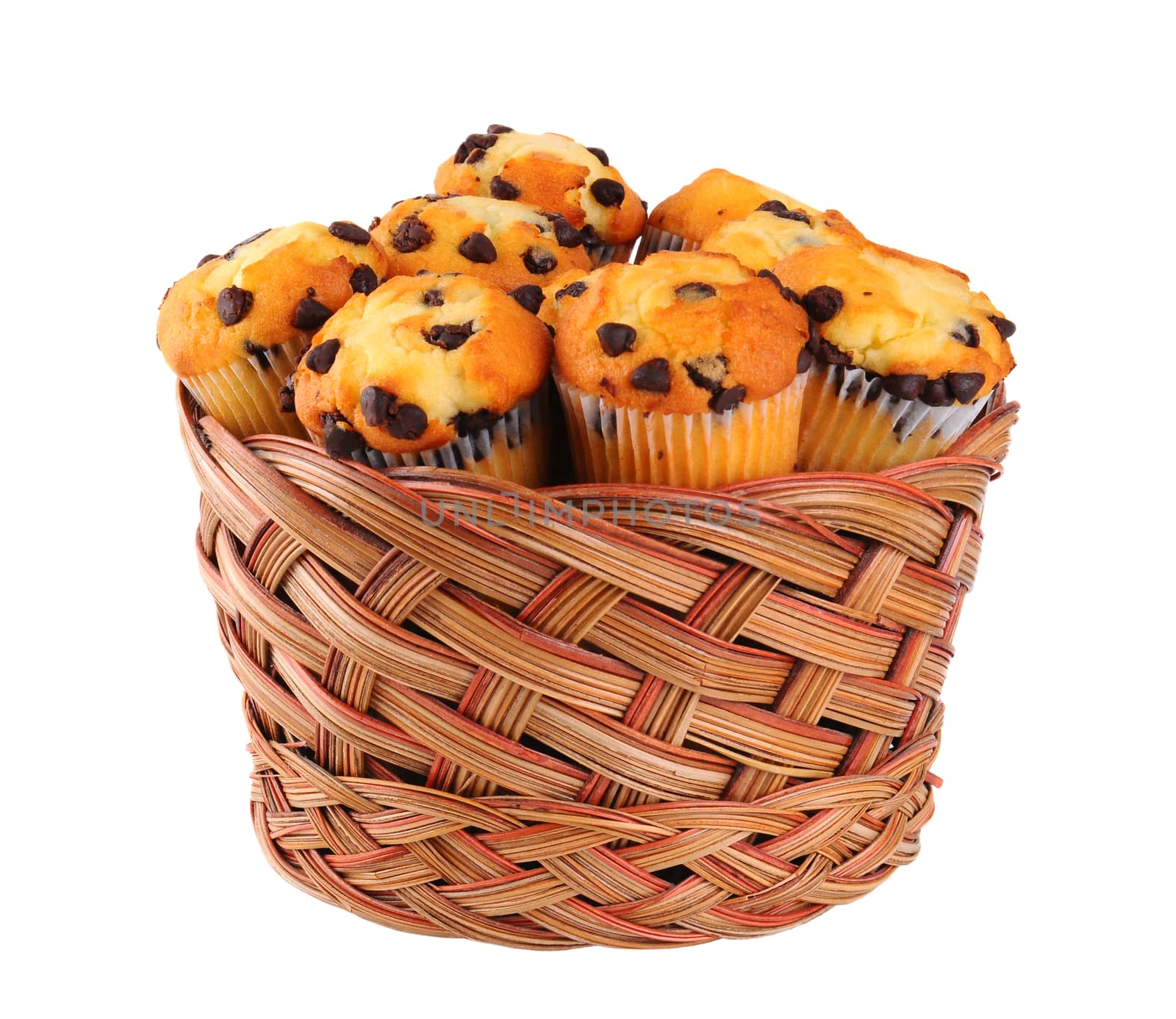 Closeup of a basket of chocolate chip muffins isolated on white.