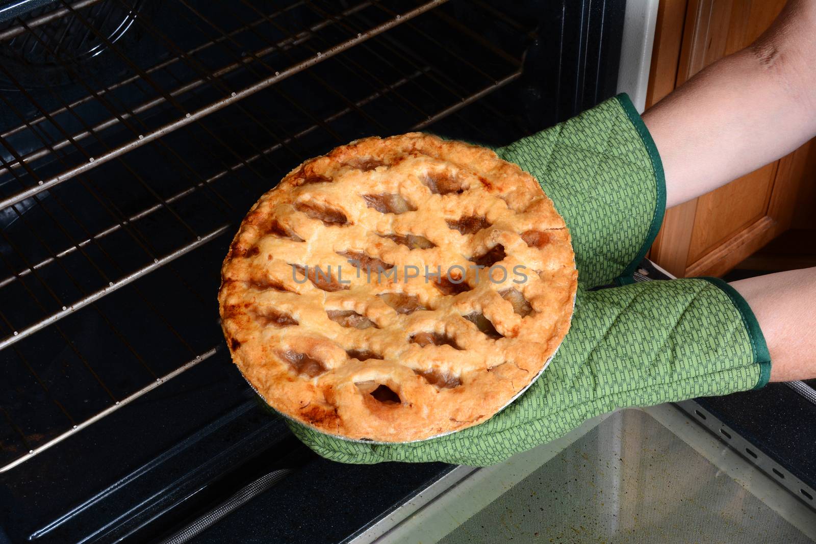 Closeup of a woman taking a fresh baked apple pie from the oven. Apple Pie is a traditional American dessert for Holiday feasts. Horizontal showing the womans hands in oven mitts only.