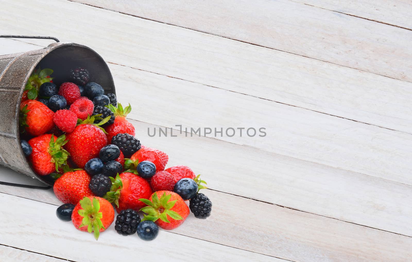 A pail laying on its side with assorted berries spilling on to a rustic white wood table. Horizontal format with copy space.