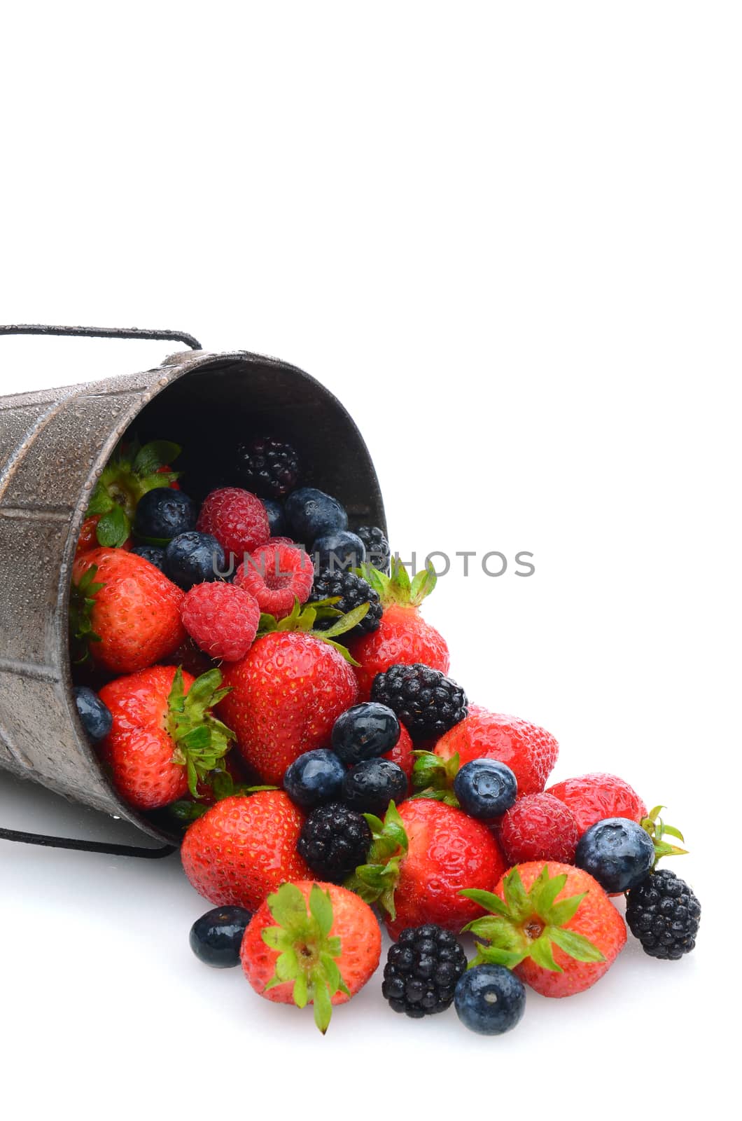A pail laying on its side with assorted berries spilling out. Vertical format with copy space.