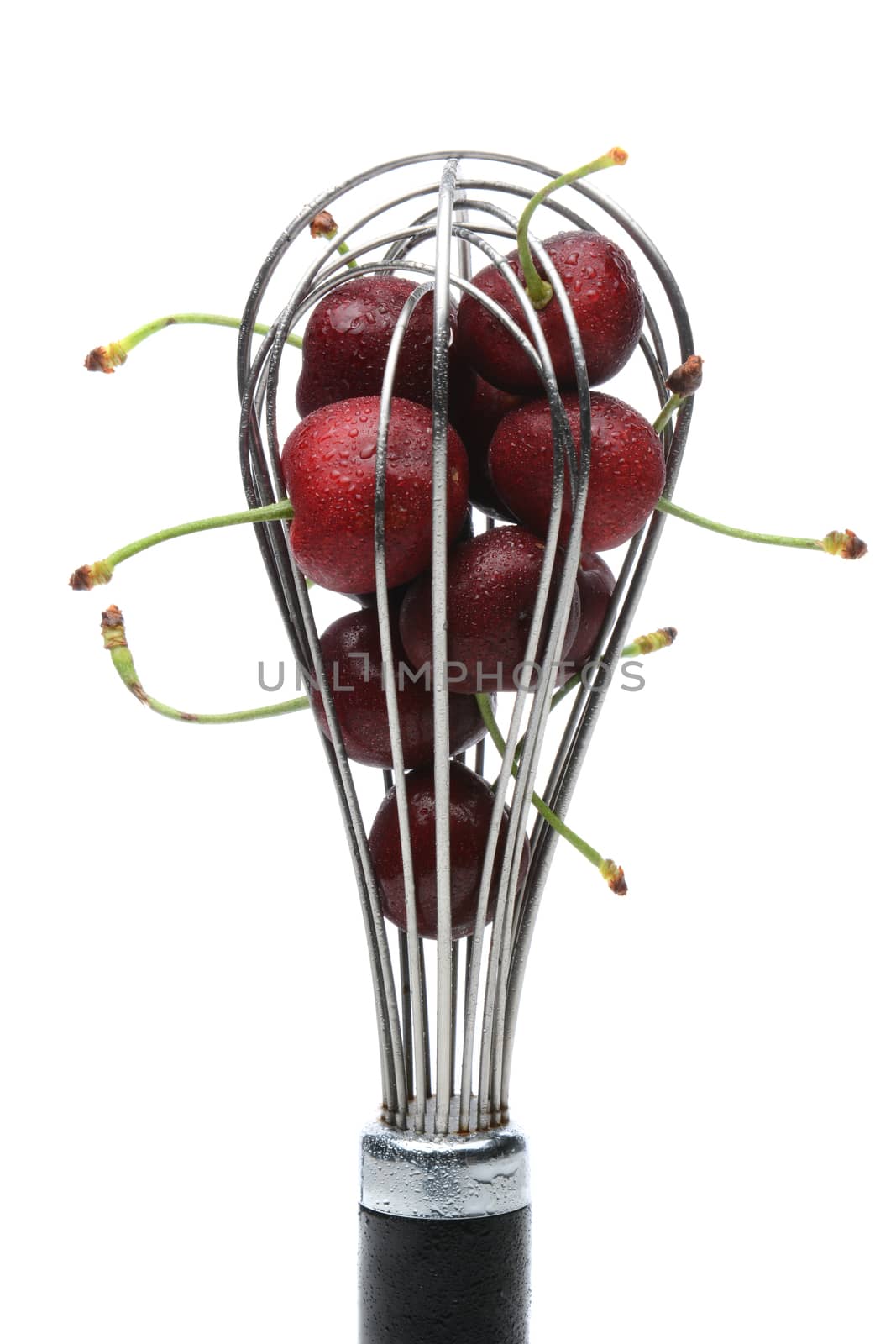 A metal whisk filled with fresh ripe cherries. Vertical format on white.