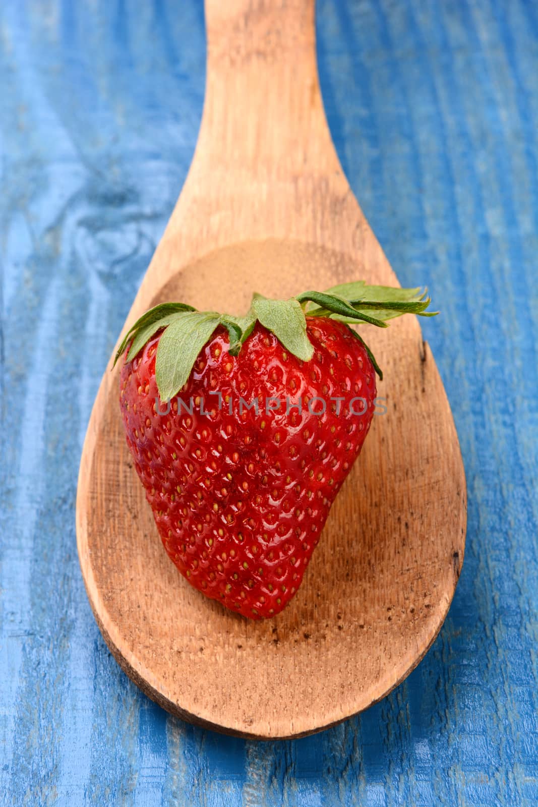 Closeup of a fresh picked strawberry on a wooden spoon laying on a rustic painted farmhouse style kitchen table. Vertical format with shallow depth of field.