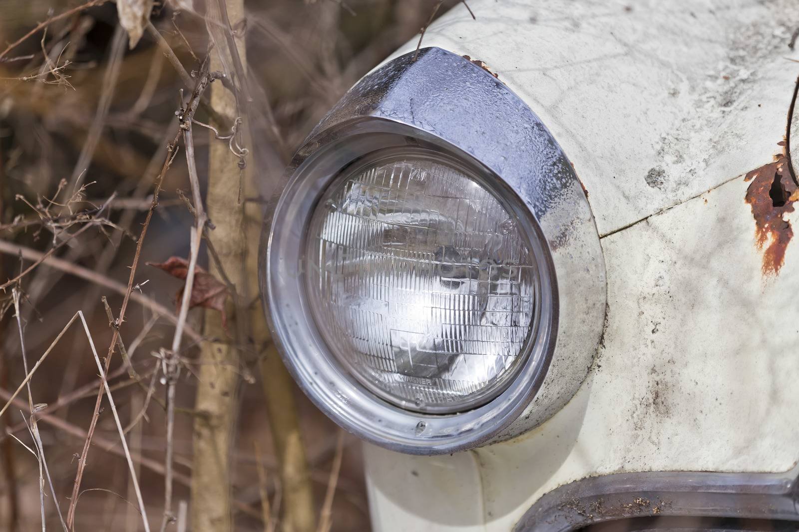 An old abandoned car sits in a field as it rusts away