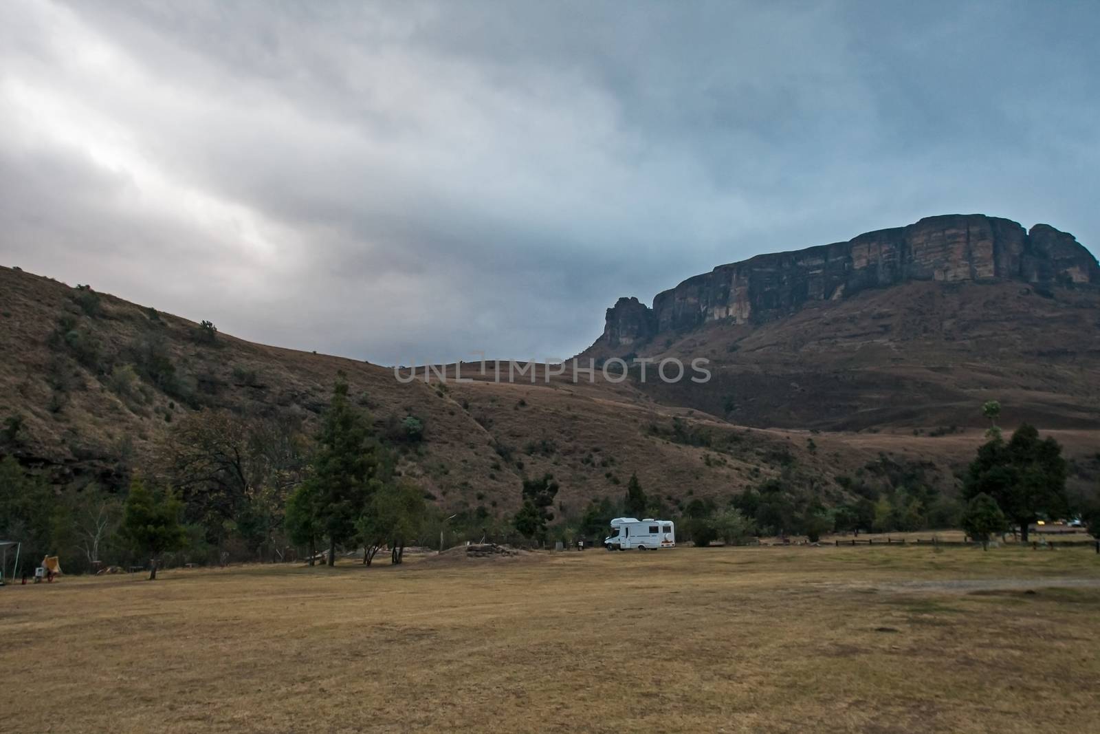 A single RV in a deserted winter campground, Mahai Campground, Royal Natal National Park. Kwa-Zulu Natal. South Africa