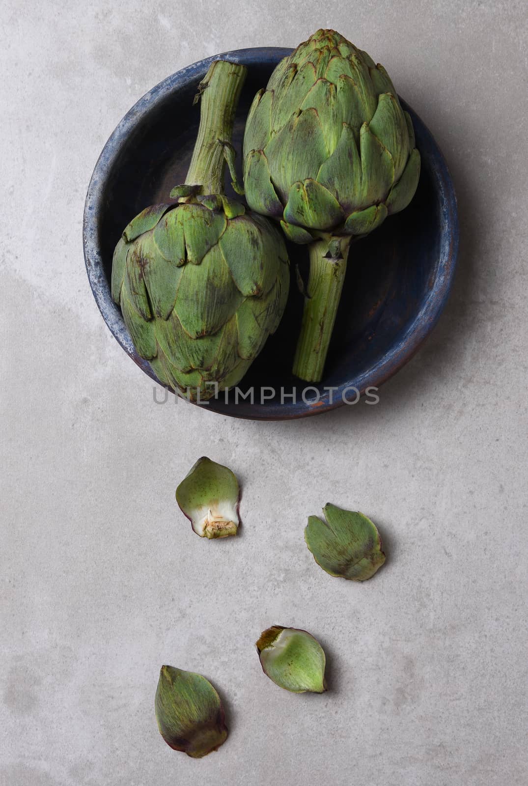 Artichokes: Top view of two artichokes on blue plate on gray background.