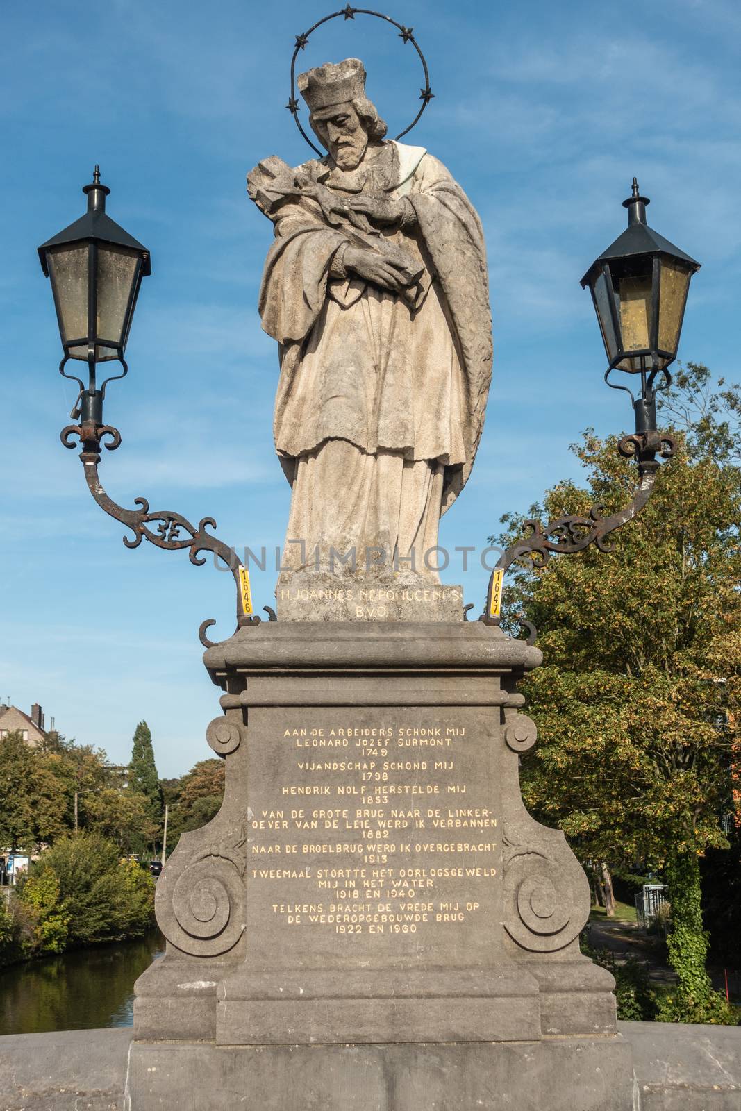 Saint John of Nepomuk statue on Broel Tower, Kortrijk Belgium. by Claudine