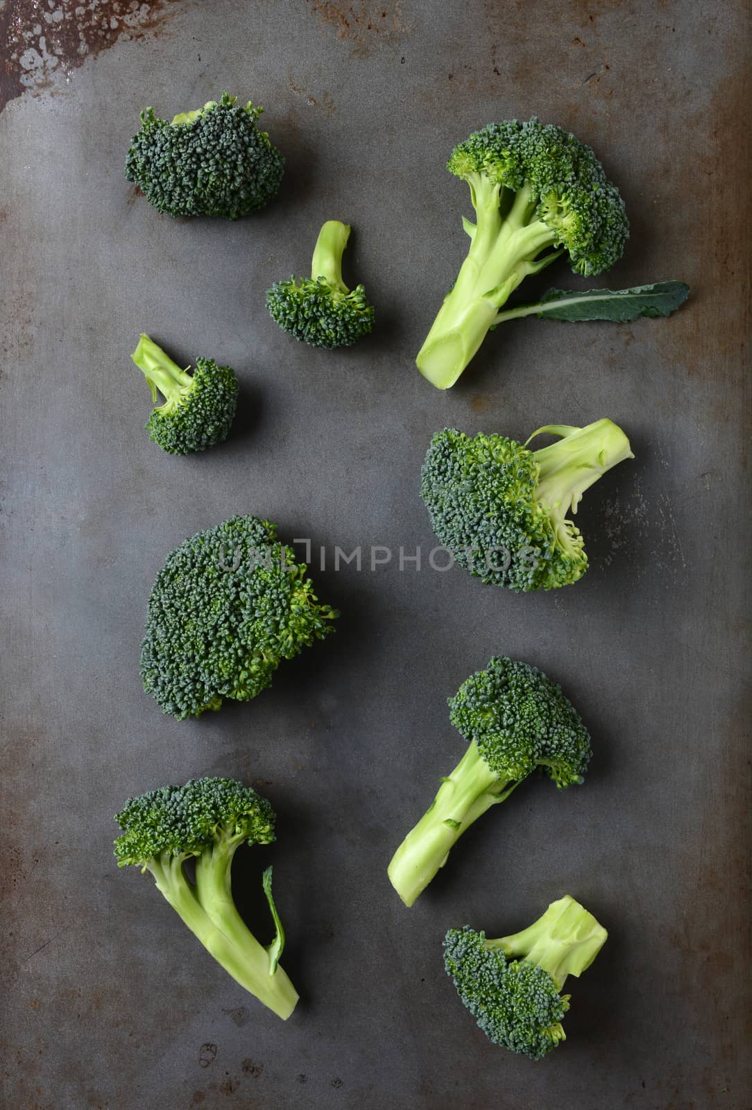 Broccoli Florets arranged on a baking sheet. Vertical format.