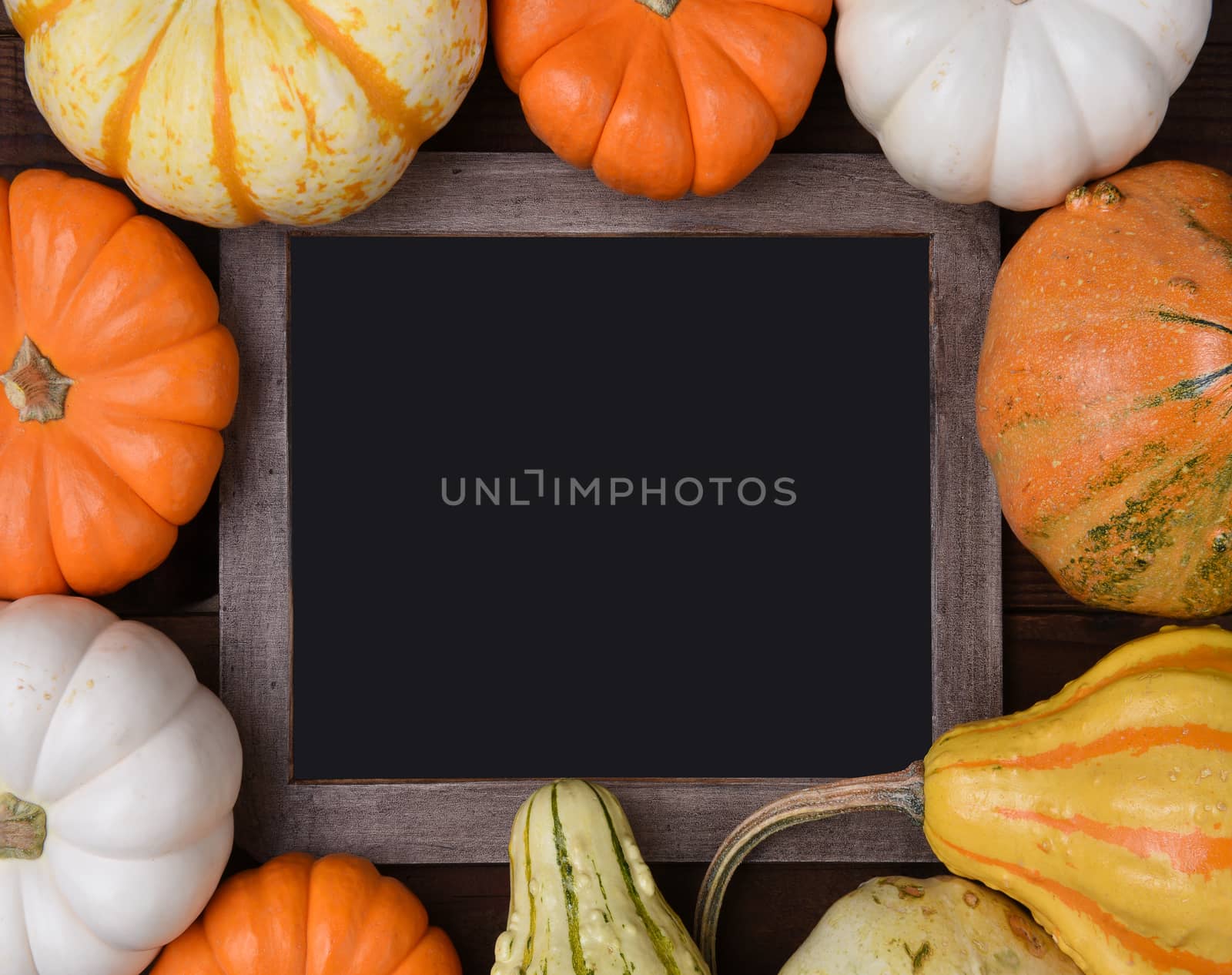 Overhead view of a group of assorted Autumn pumpkins, gourds and squash surrounding a blank chalkboard.