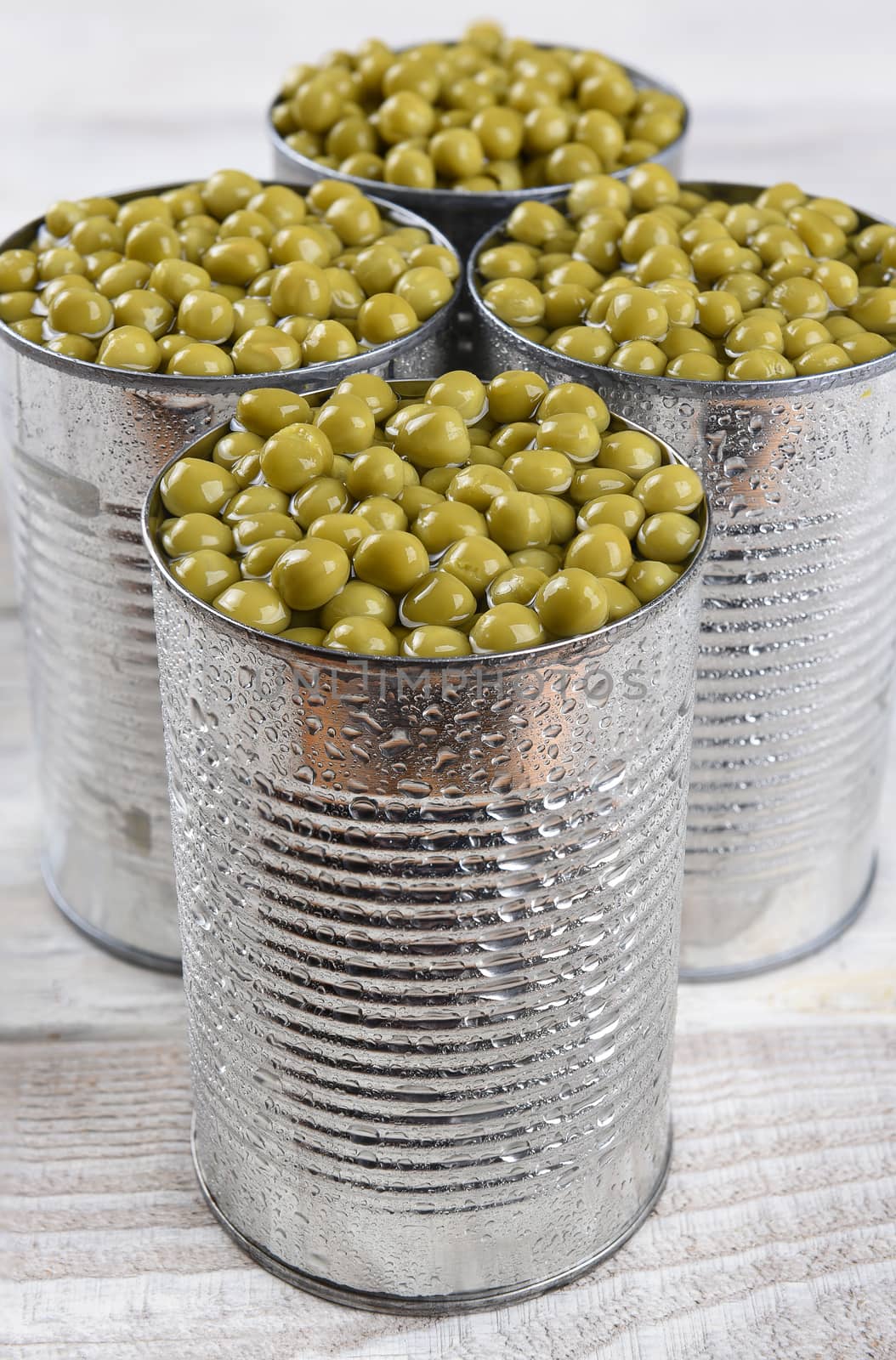 Closeup shot of cans of Peas.