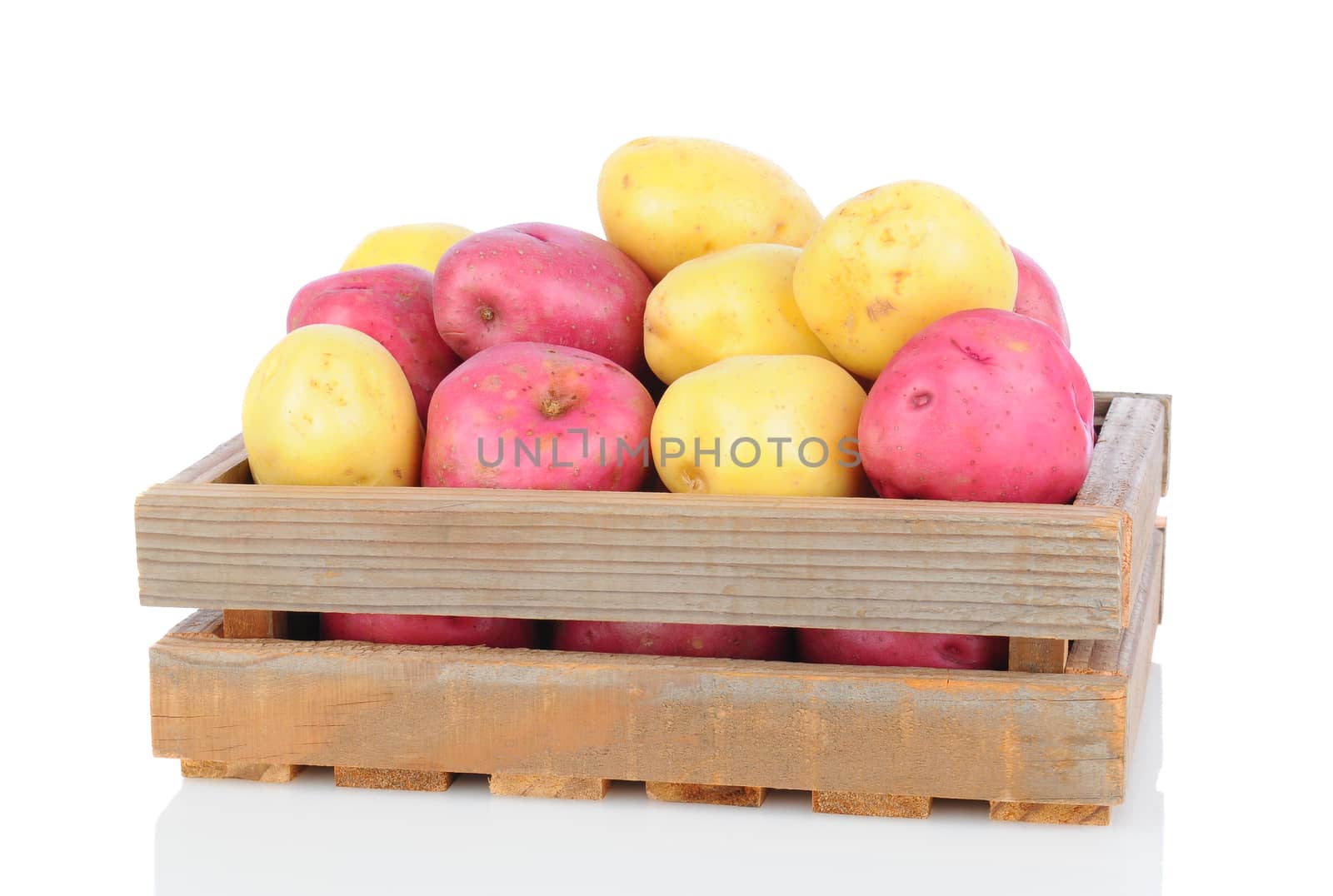 A wooden crate full of red and white potatoes on a white background with reflection. Horizontal Format.