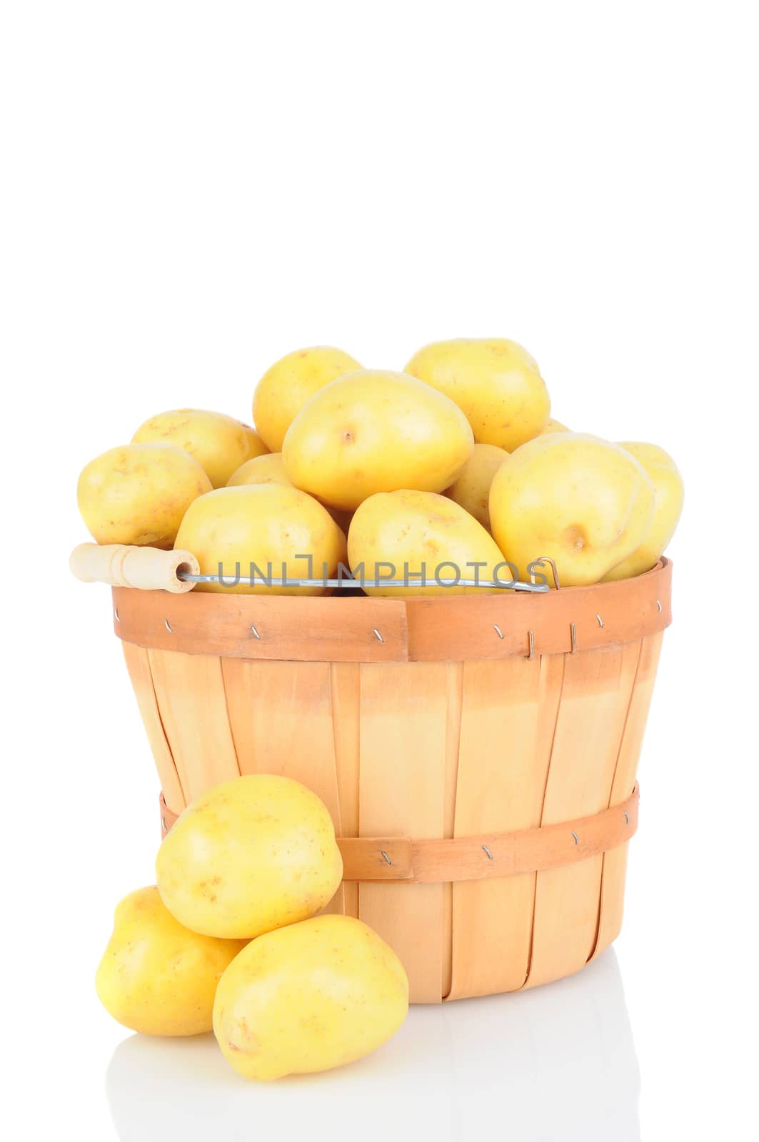 A basket full of white potatoes over a white background with reflection.  Vertical Format.