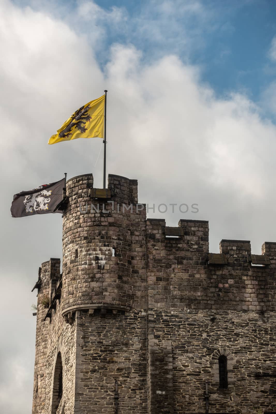 Top of Central tower of Ghent Castle, Gent Belgium. by Claudine