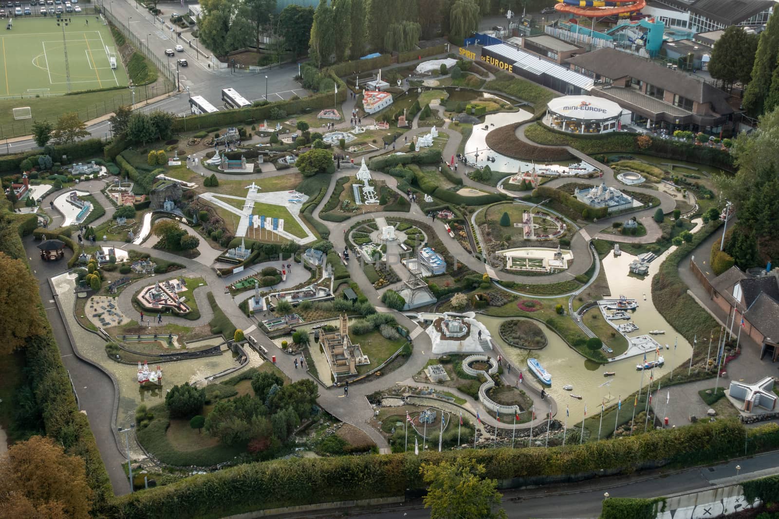 Brussels, Belgium - September 25, 2018: Mini-Europe park seen from the Atomium highest sphere. miniature construction of European Iconic attractions, monuments.