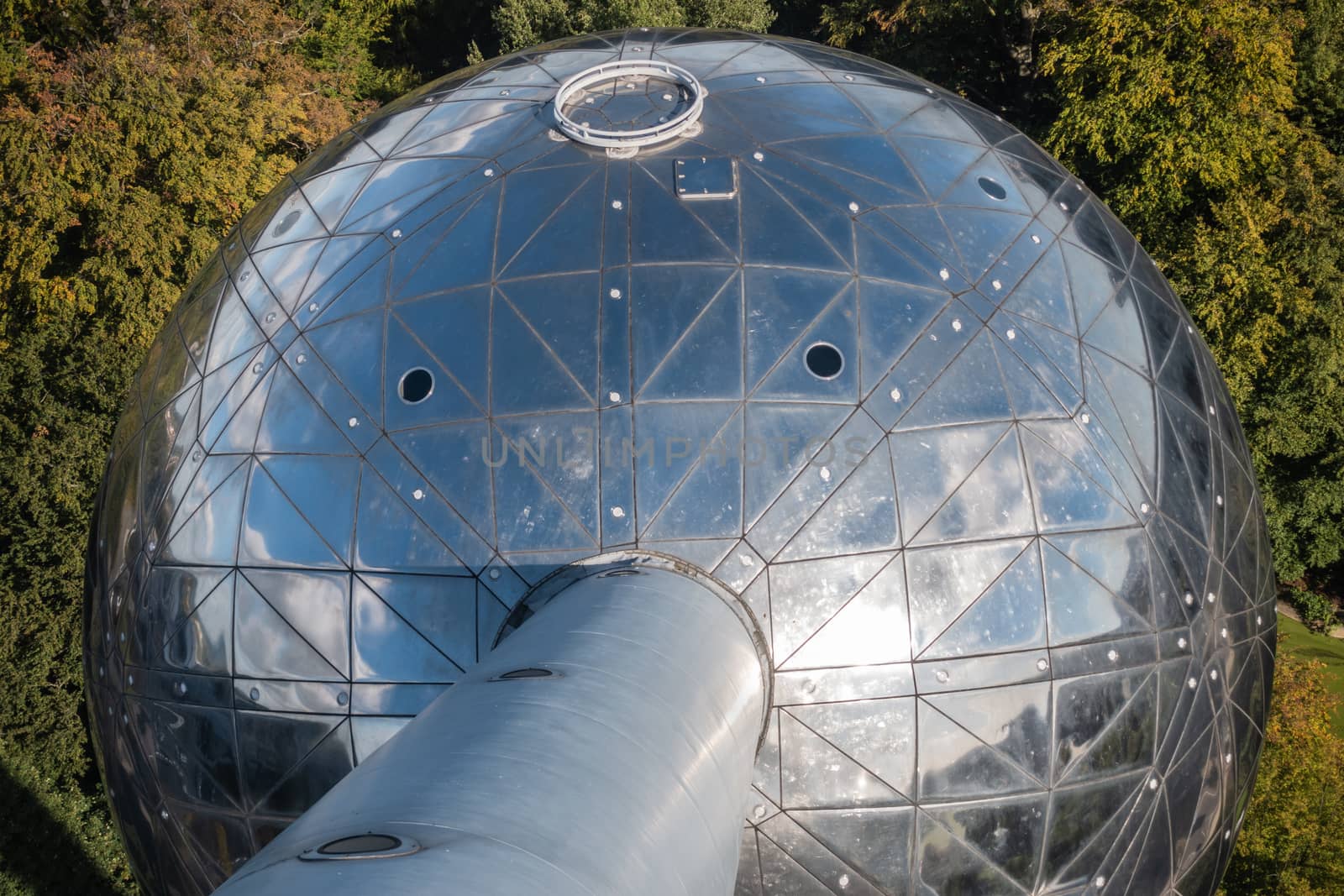 Closeup of one sphere of the Atomium in Brussels, Belgium. by Claudine