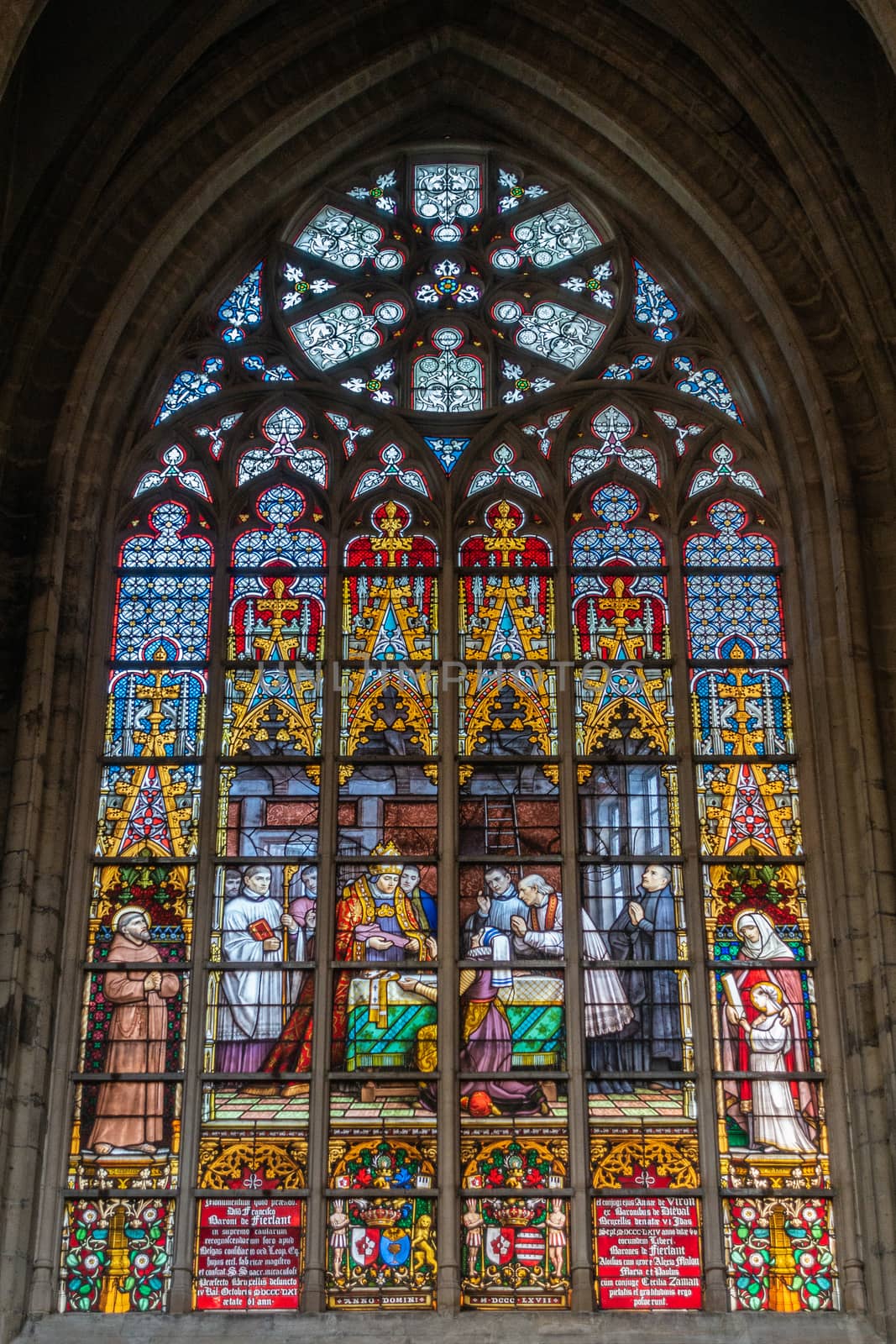 Stained glass window of Cathedral of St. Michael and St, Gudula, by Claudine