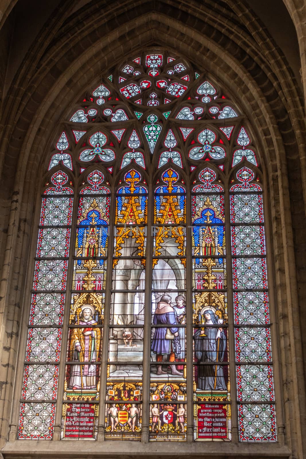 Brussels, Belgium - September 26, 2018: Stained Glass Window of Cathedral of Saint Michael and Saint Gudula.