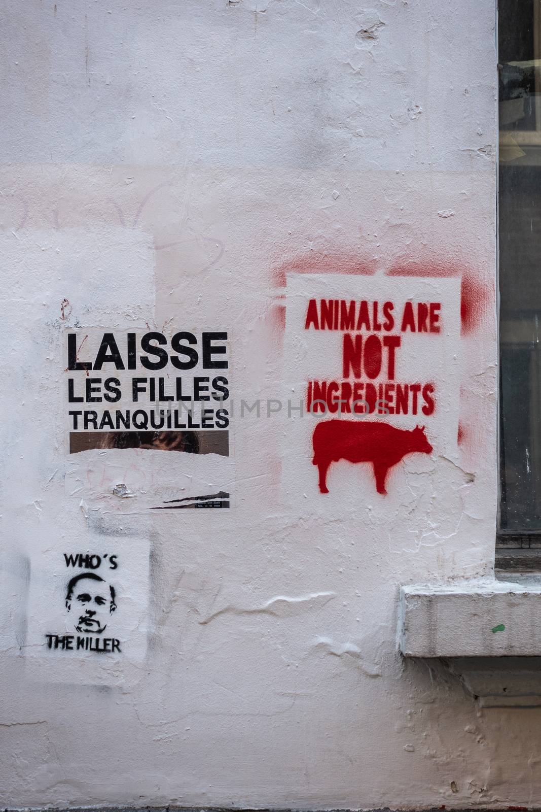 Brussels, Belgium - September 26, 2018: Black Message asks not to harass girls, and red one not to eat animals, printed and posted all over downtown. Here on white wall adjacent to window.