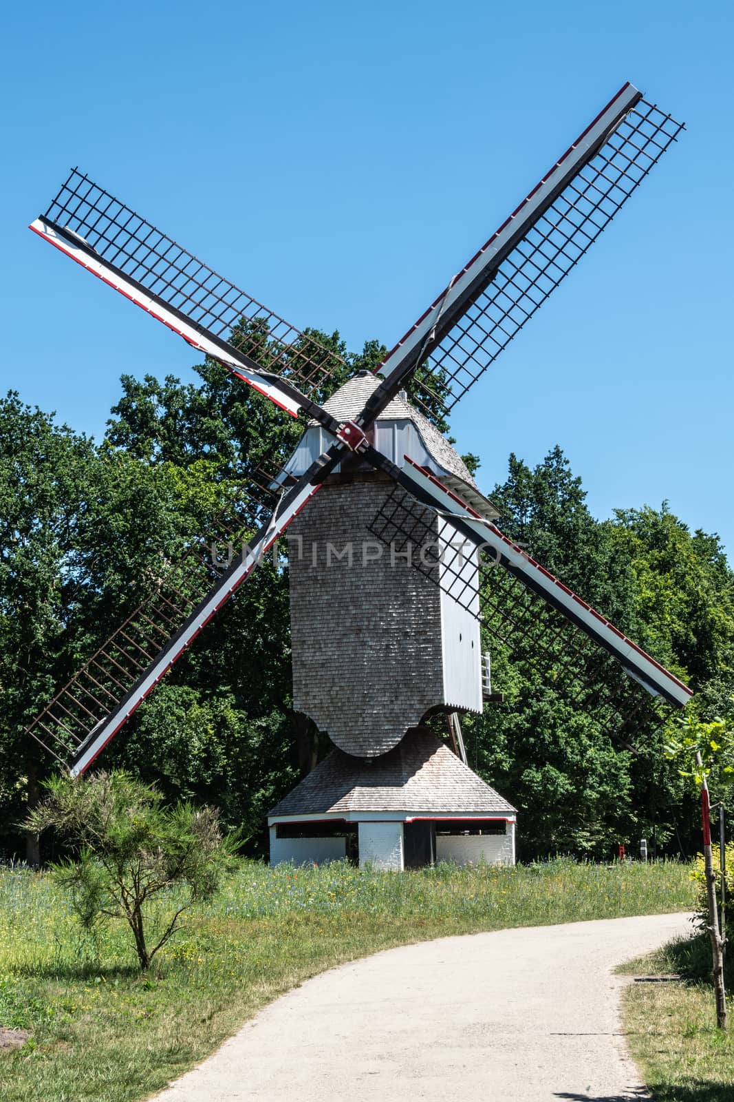 Bokrijk, Belgium - June 27, 2019: Windmill of Schulen is set in green environment of meadow and surrounded by trees under blue sky. No sails on wings.