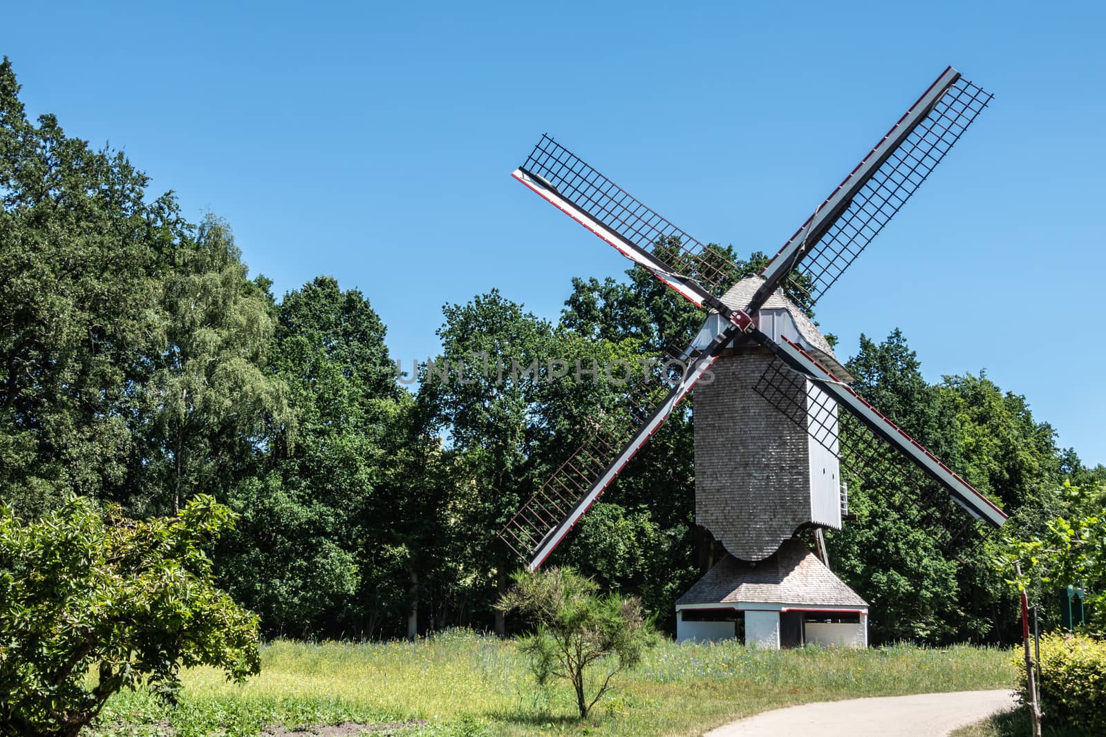 Bokrijk, Belgium - June 27, 2019: Windmill of Schulen is set in green environment of meadow and surrounded by trees under blue sky. No sails on wings.
