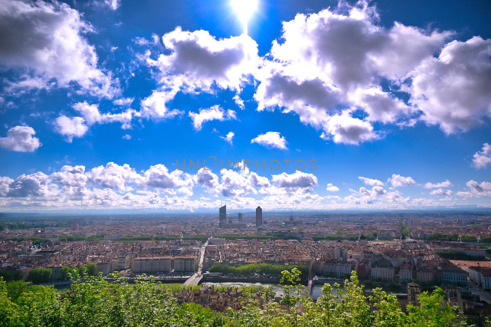 An aerial view of Lyon, France on a sunny day from Fourviere Hill.