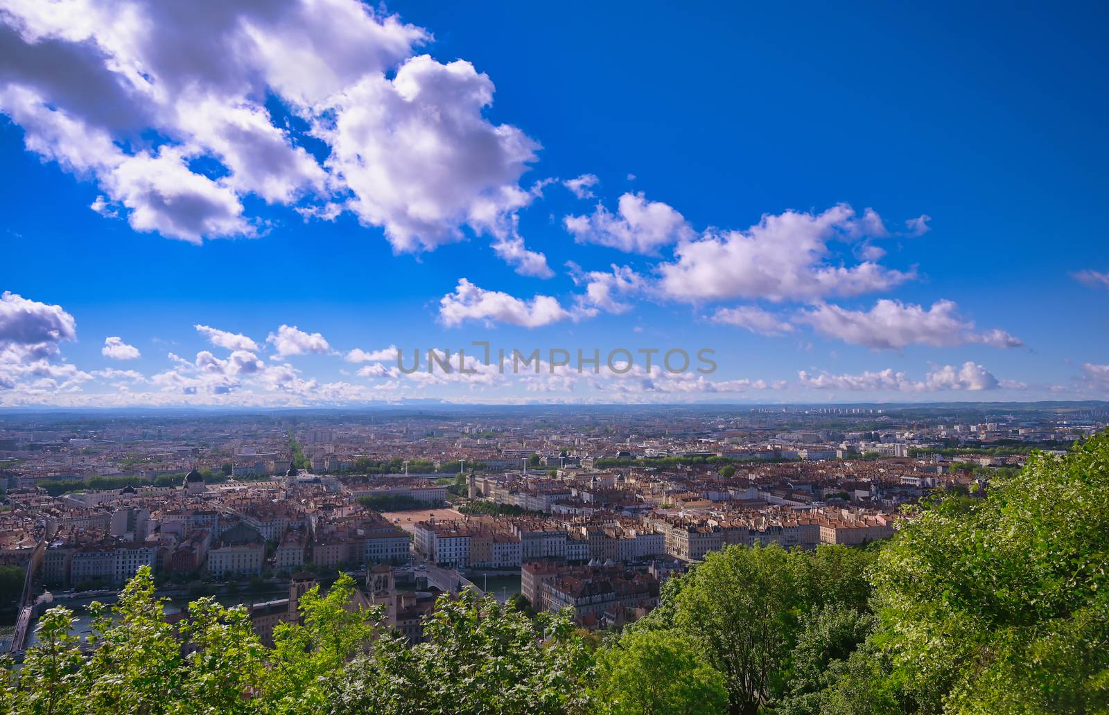 An aerial view of Lyon, France on a sunny day from Fourviere Hill.