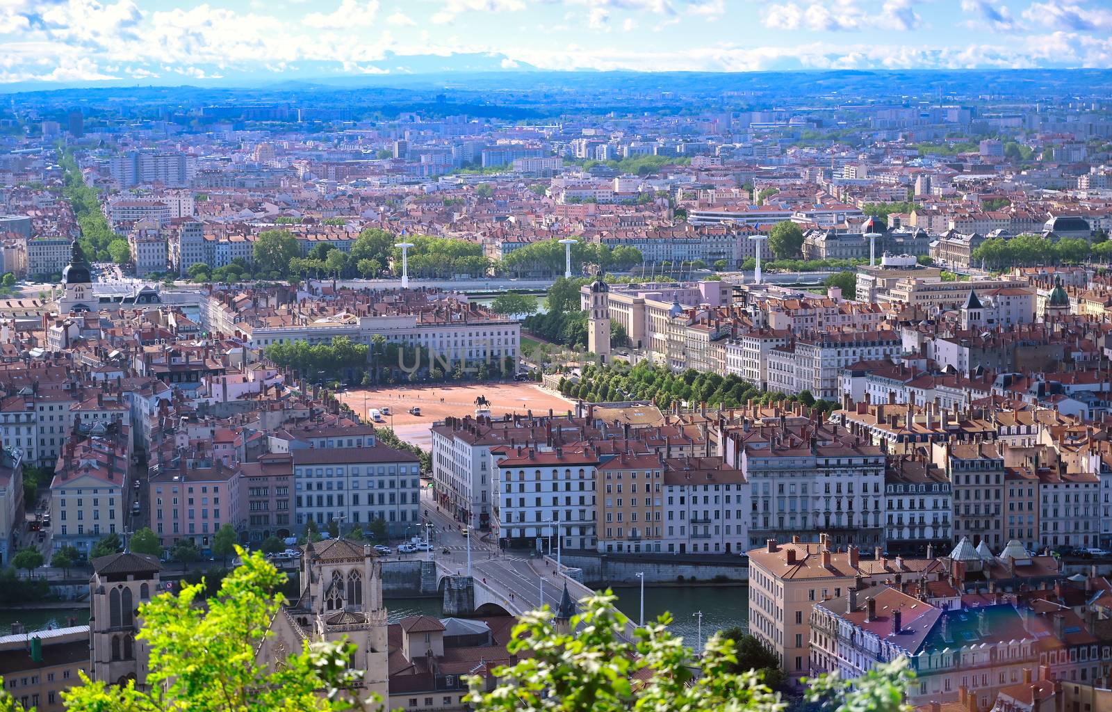 An aerial view of Lyon, France on a sunny day from Fourviere Hill.